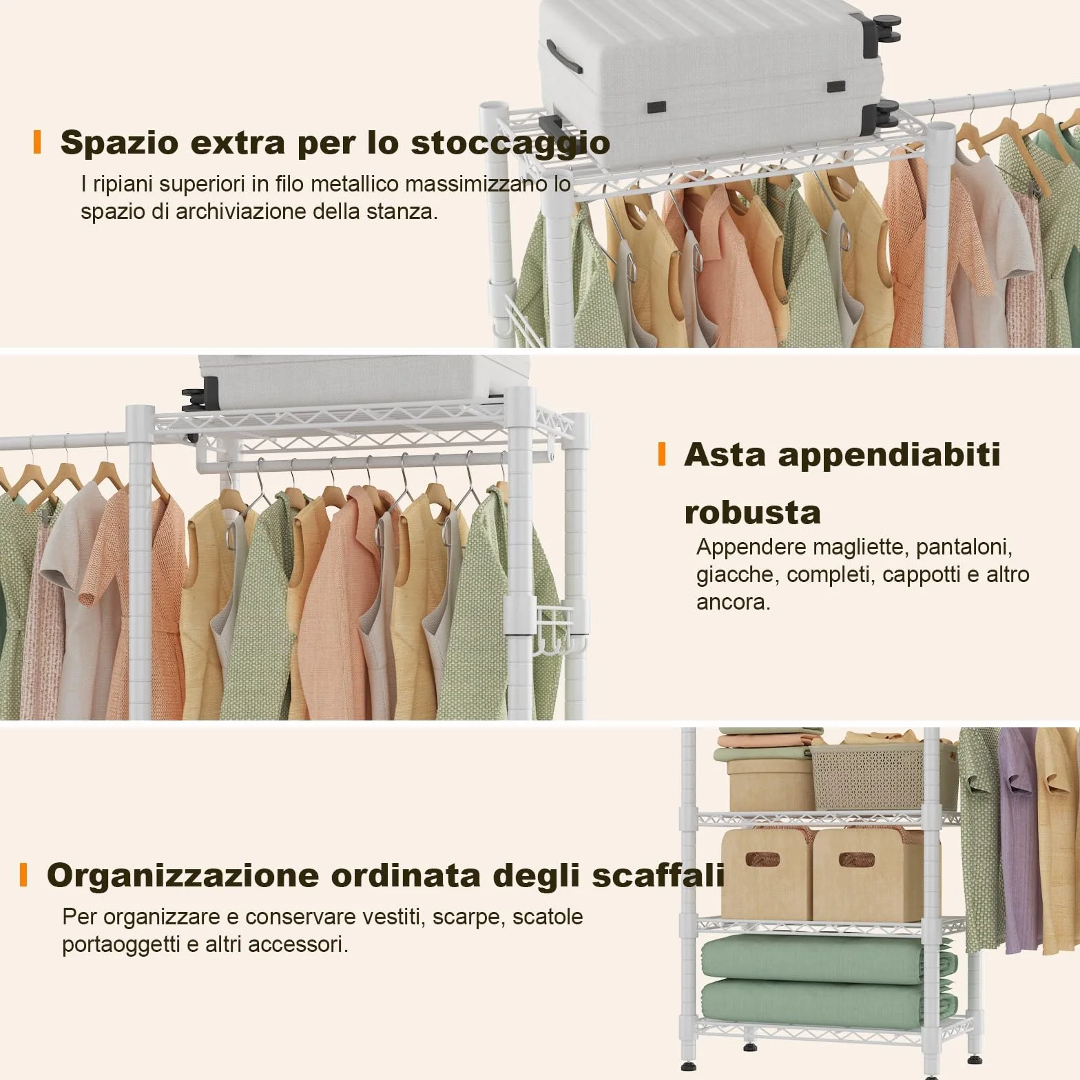 Himimi Appendiabiti telescopico 4 aste 6 ripiani metallo 1 gancio regolabile 175-230 x 180 cm bianco