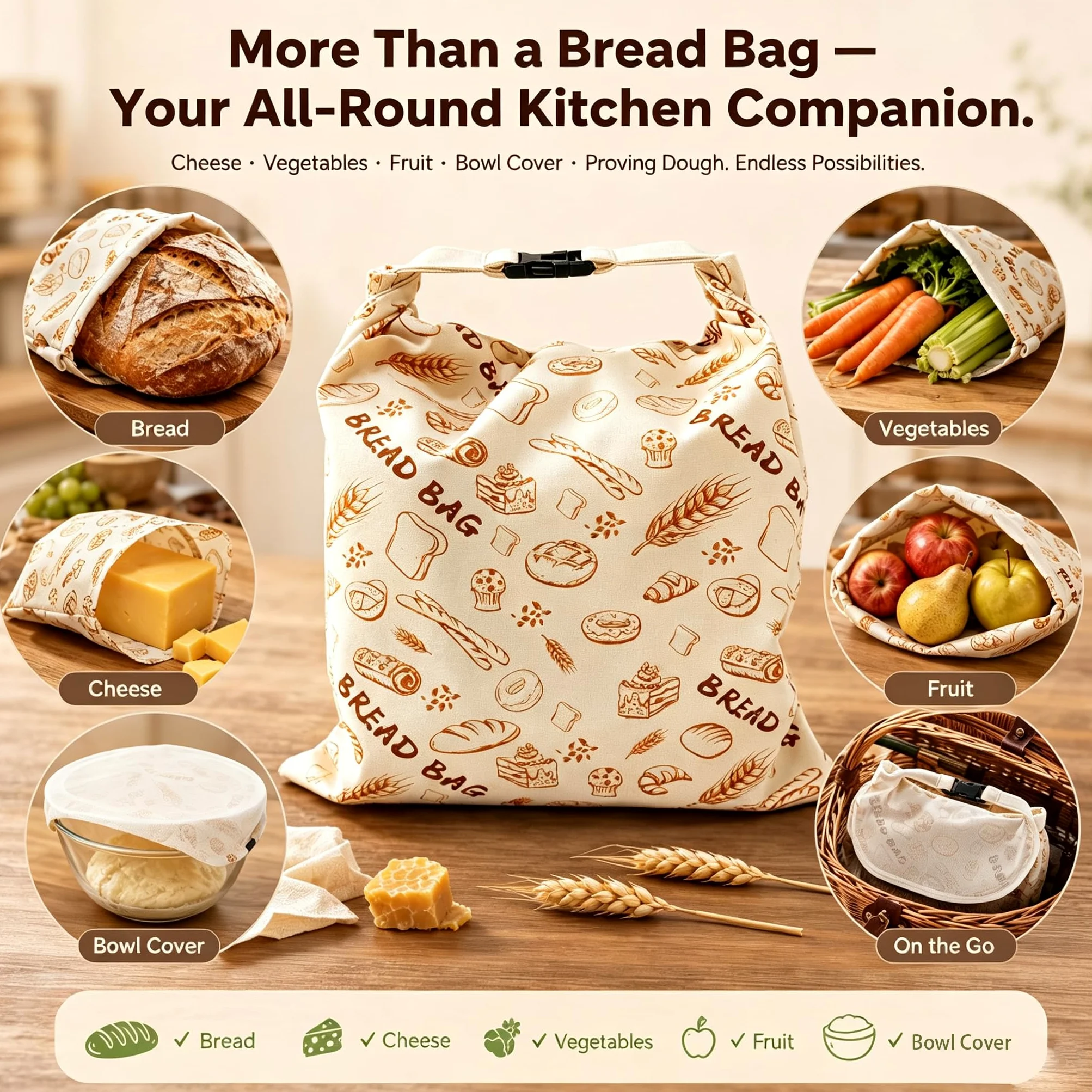 Sacchetti per pane in cera d'api riutilizzabili in cotone biologico per pane fatto in casa, 43 x 33 cm, in cera d'api naturale, ecologici, di grandi dimensioni, con cerniera, per pasta madre