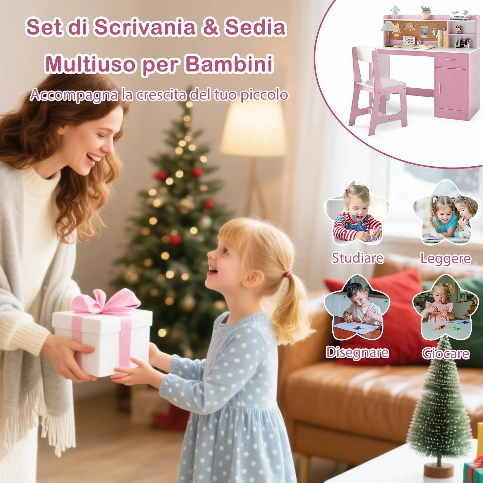RELAX4LIFE Set Scrivania e Sedia per Bambini, Tavolo da Scrittura in Legno con Sedia, Ripiano, Bacheca, Cassetto, Armadio per Lettura, Disegno, Set di Tavoli da Studio per Bambini (Bianco+Rosa)