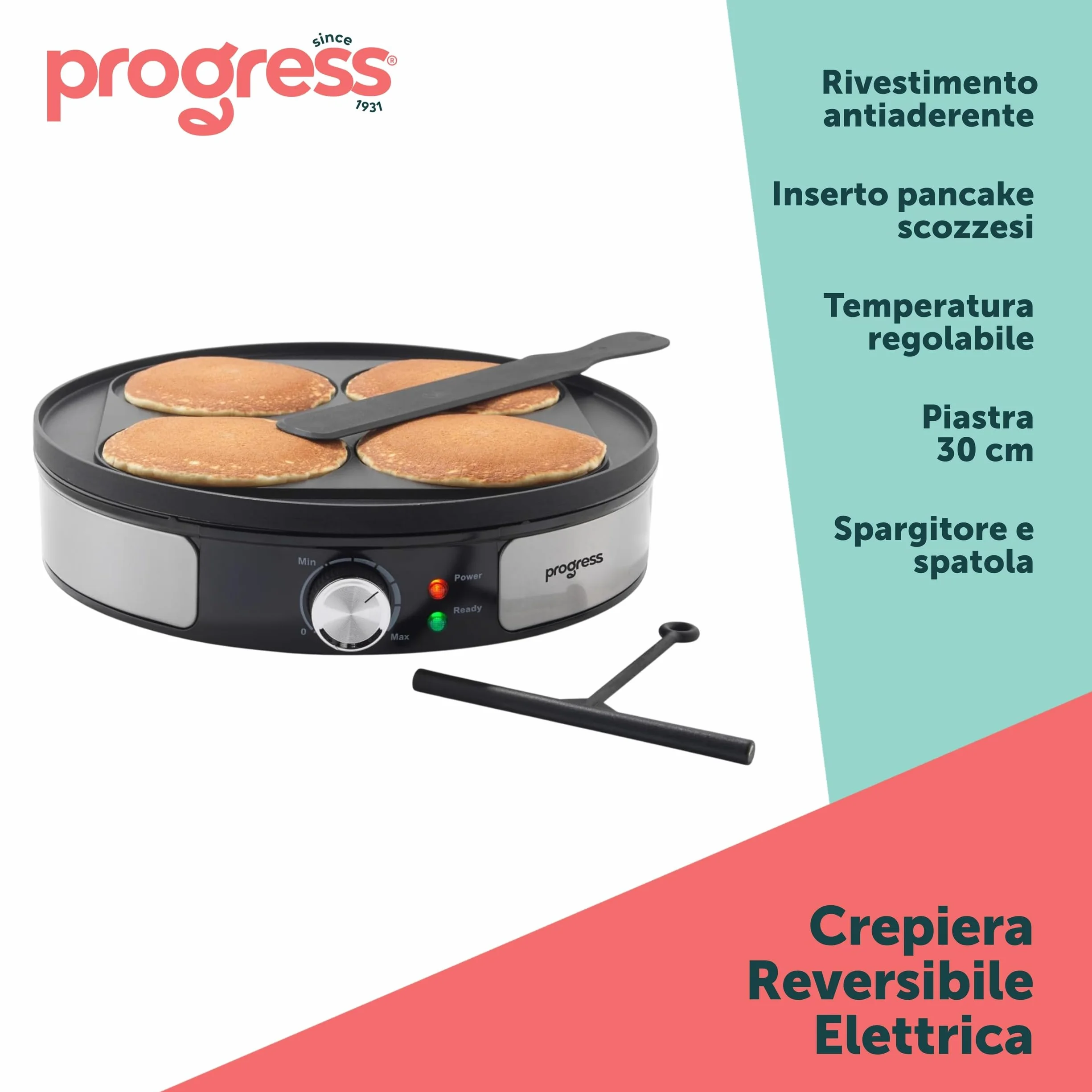 Progress Crepe Maker Reversibile 30 cm 1000W Antiaderente Temperatura Regolabile