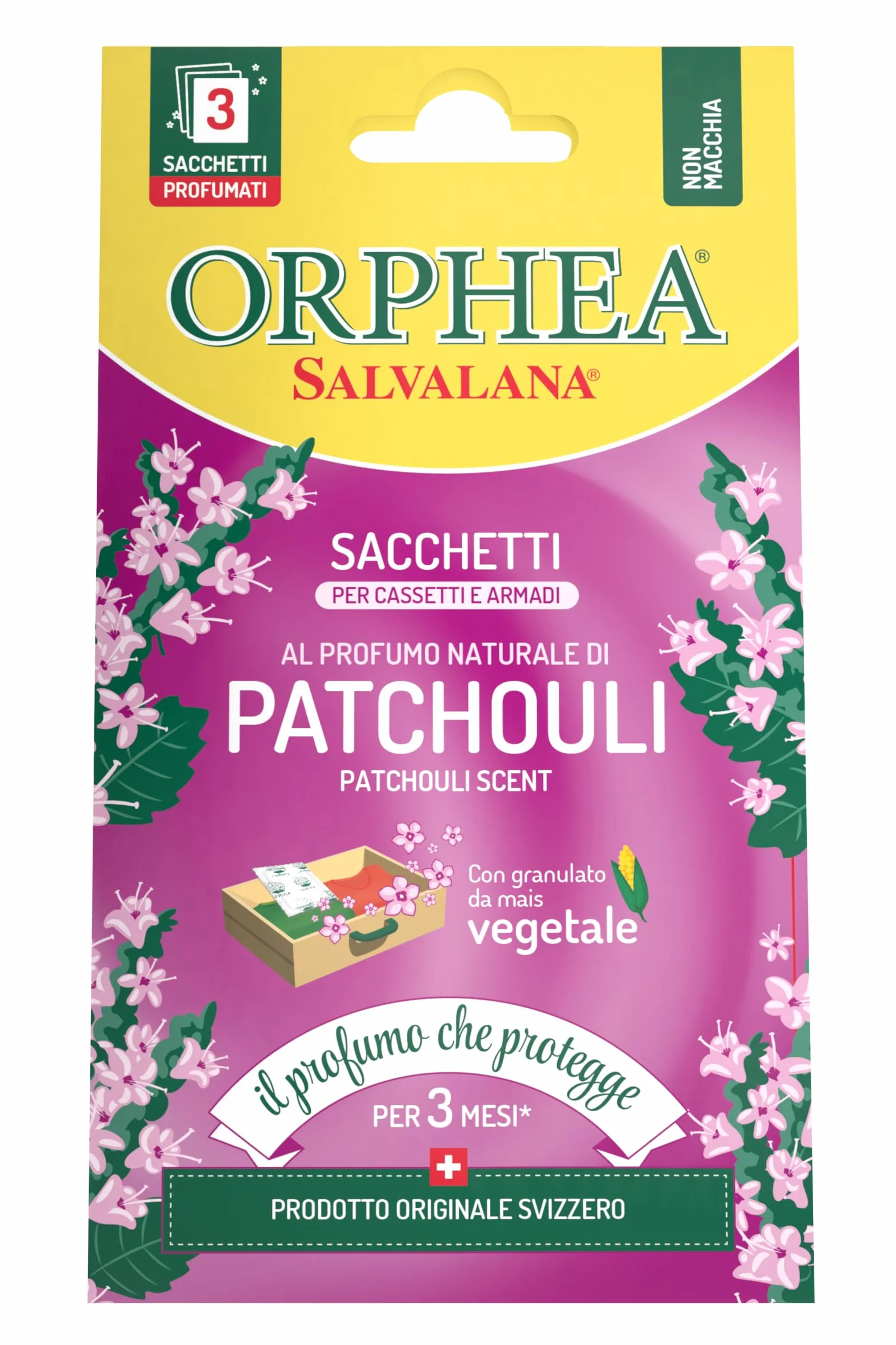 Orphea Salvalana, Sacchetti per Cassetti e Armadi al Profumo Naturale di Patchouli della Malesia, Confezione da 3 pezzi
