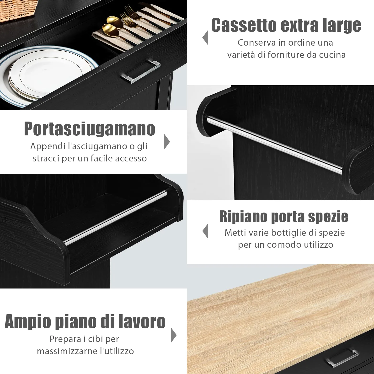 COSTWAY Carrello da Cucina con Ruote di Gomma, Scaffale per Microonde Carrello Servizio, Mobile Cucina con Ripiani e Ante, Credenza Cucina Legno Moderno Elegante, 116 x 37 x 85 cm (Nero)