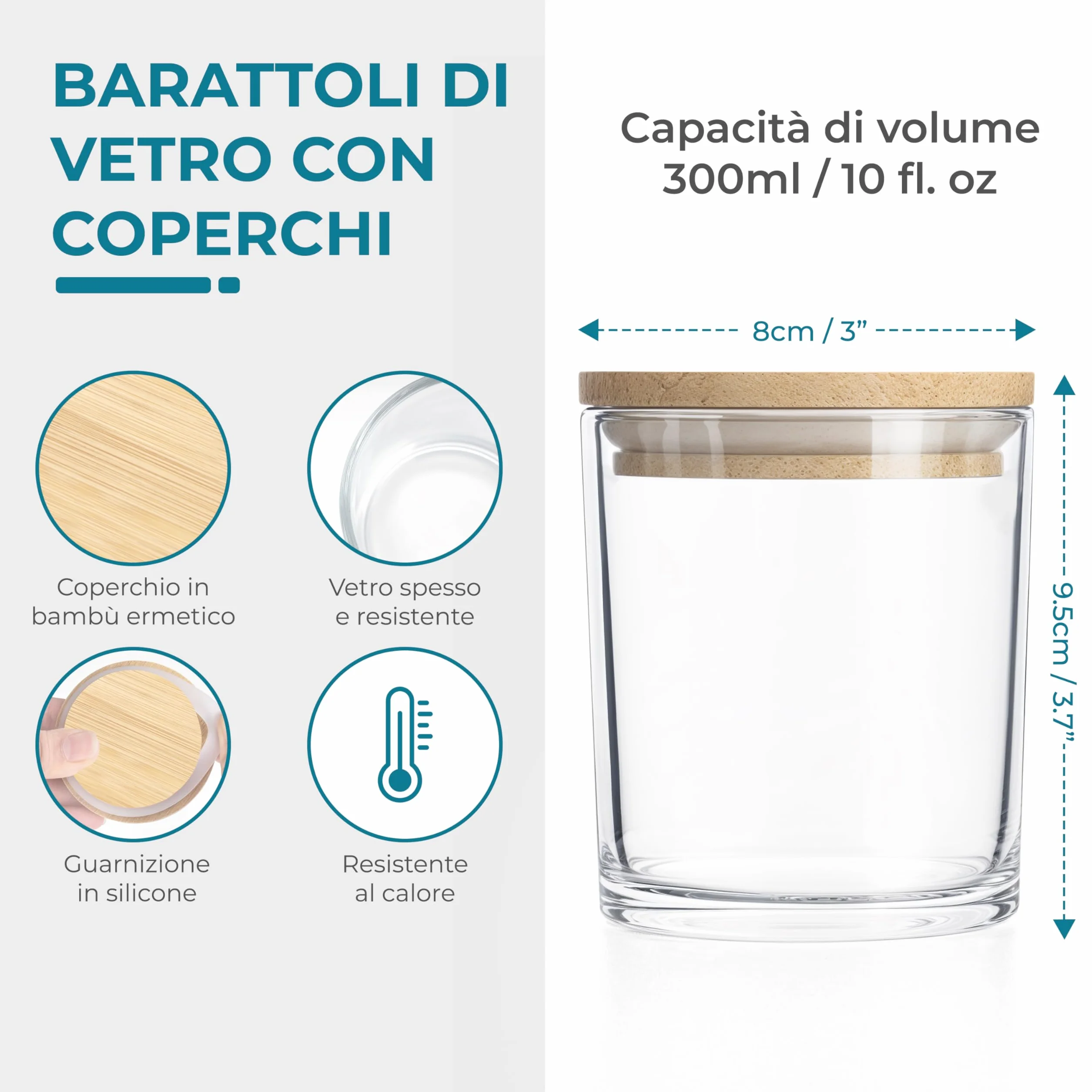 Winter Shore Barattolo di Vetro 300 ml con Coperchio di Bambù 16 Pezzi Kit per Candele
