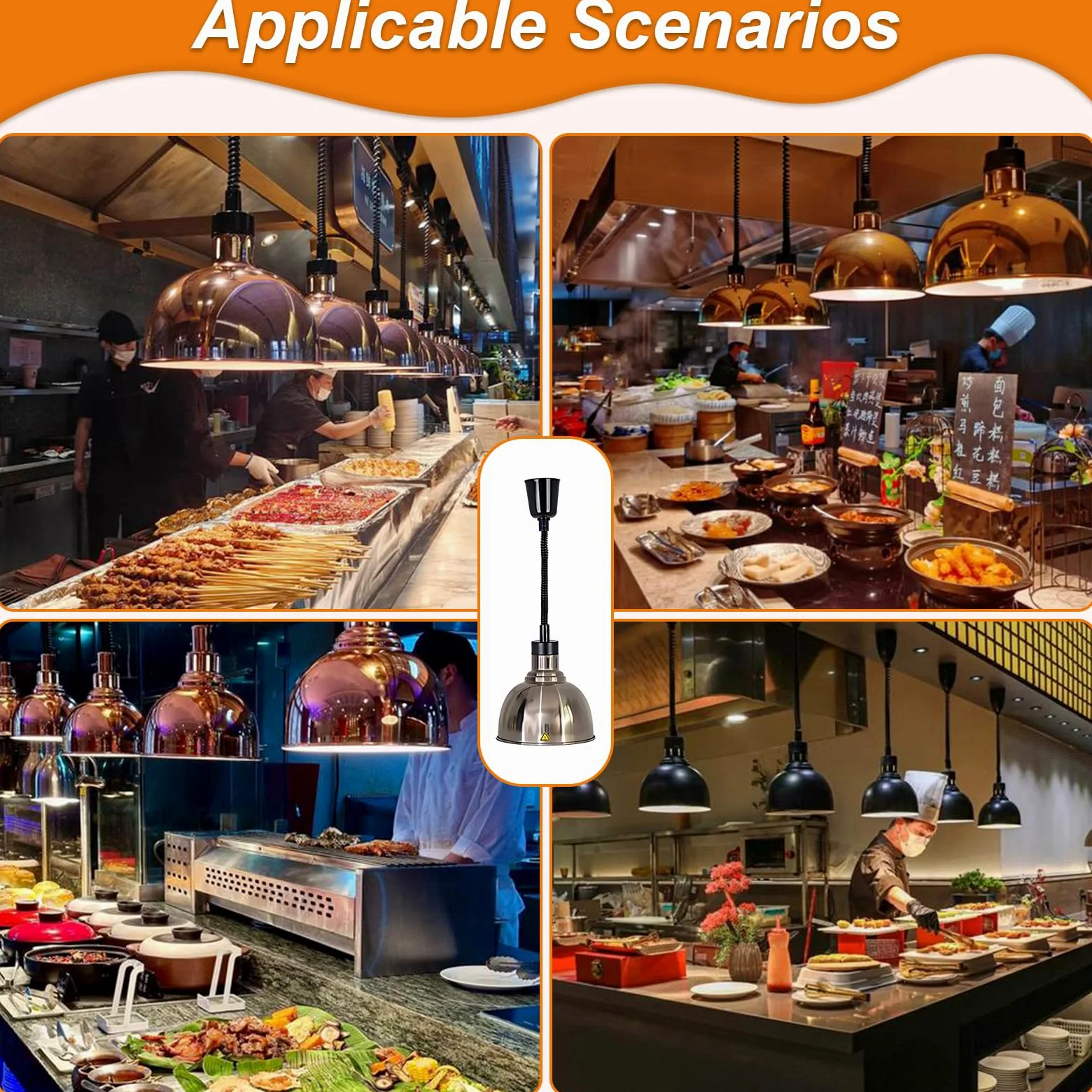 Lampada Riscaldante Cucina, 250W Lampada Riscaldante per Alimenti Regolabile, Lampada Scaldavivande Ristorante Sospeso 19 cm/25 cm per Ristoranti, Hotel (Acciaio inossidabile-25cm,2 Pezzi)