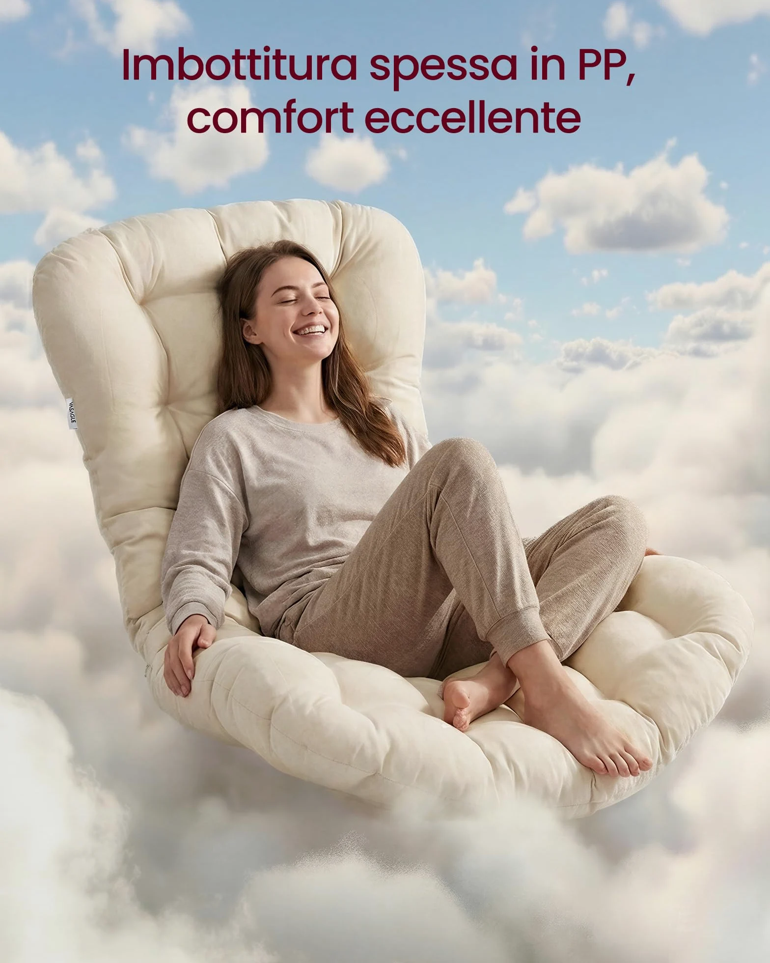 VASAGLE Sedia a Dondolo, Poltrona a Dondolo, Struttura in Acciaio, Poggiapiedi Estraibile, Cuscino Rimovibile, Portata 136 kg, Camera da Letto Soggiorno Terrazza Giardino, Beige LYY062WZ01