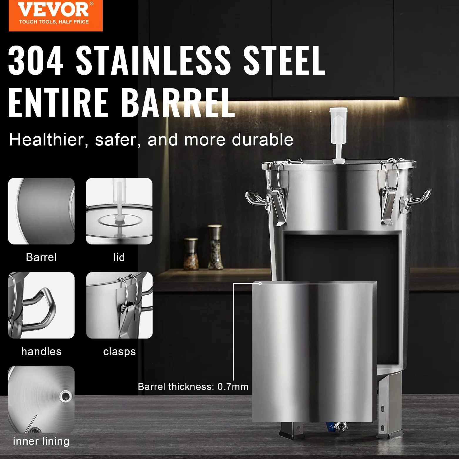 VEVOR Sistema di Produzione di Birra, Dispositivo per Produzione di Birra fermentatore in Acciaio Inox capienza 30 L, Fermentatore a Secchio per Birra, Accessori per Produzione di Birra
