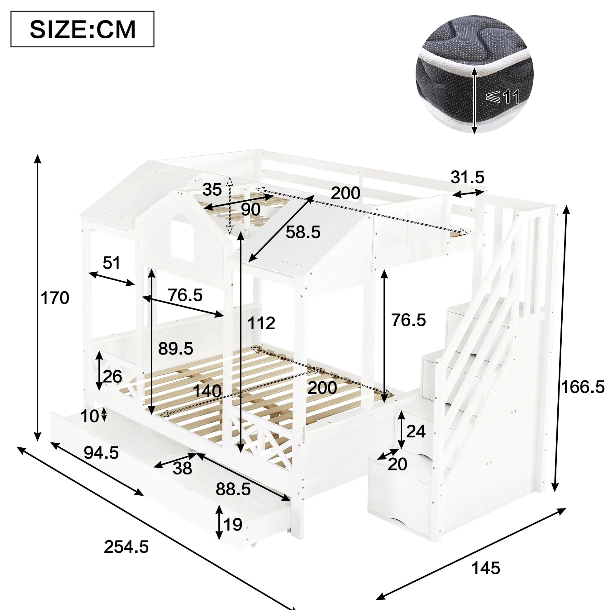 Letto a Castello per Bambini 90x200cm e 140x200cm, Letto Matrimoniale con Scala Contenitore e 2 Cassetti, Belle Finestre e Tetto, Strutture letto in Pino, Bianco(Senza materasso)