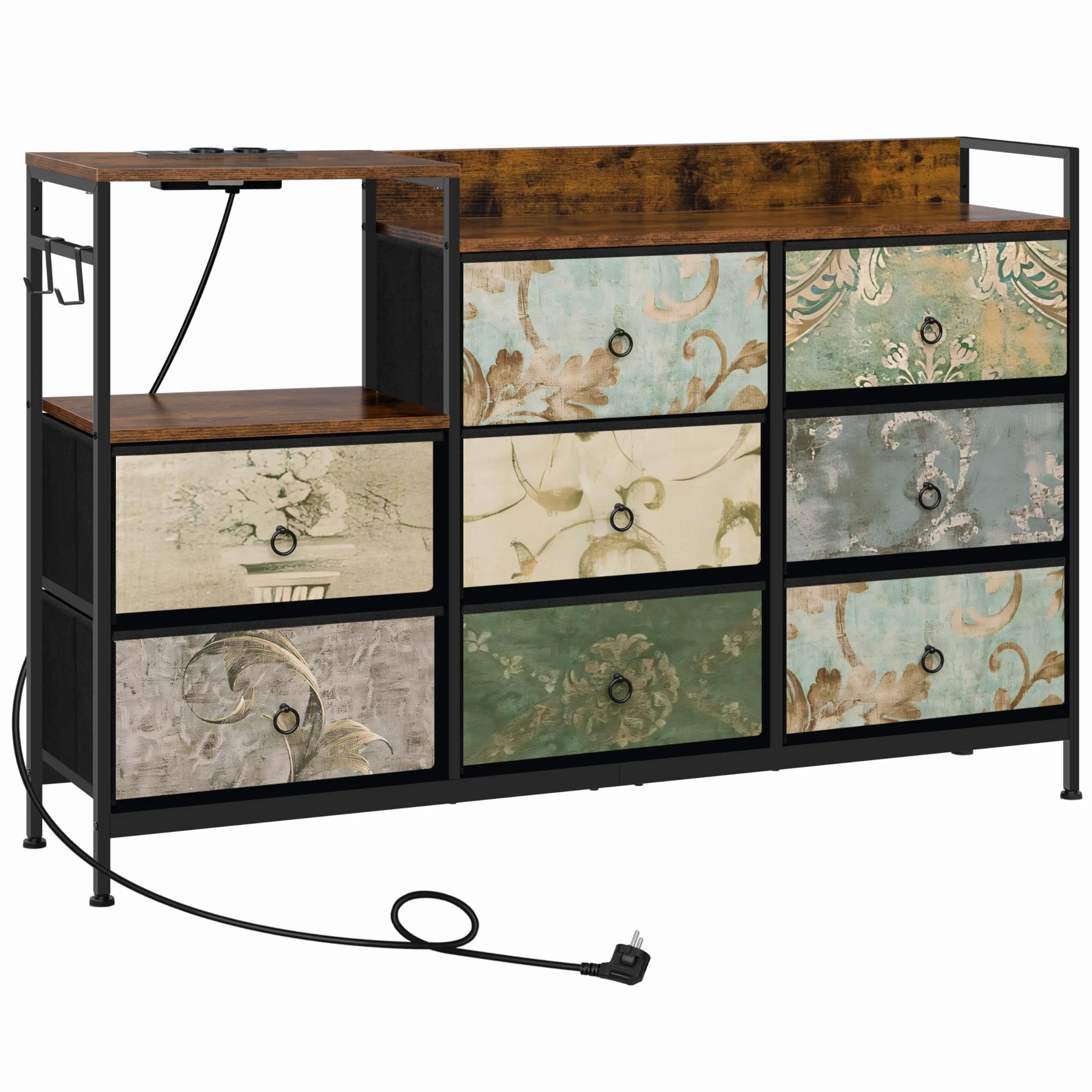 WOLTU Cassettiera a 8 Cassetti in Tessuto, Cassettiera per Camera da Letto, con Sezione di Ricarica e Ganci, Piani Legno e Struttura in Metallo, Marrone Rustico+Nero