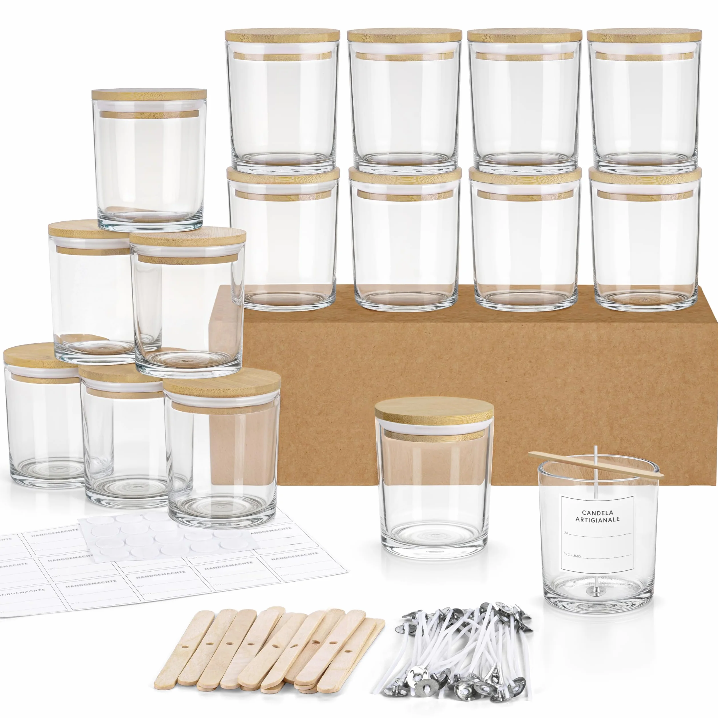 Winter Shore Barattolo di Vetro 300 ml con Coperchio di Bambù 16 Pezzi Kit per Candele