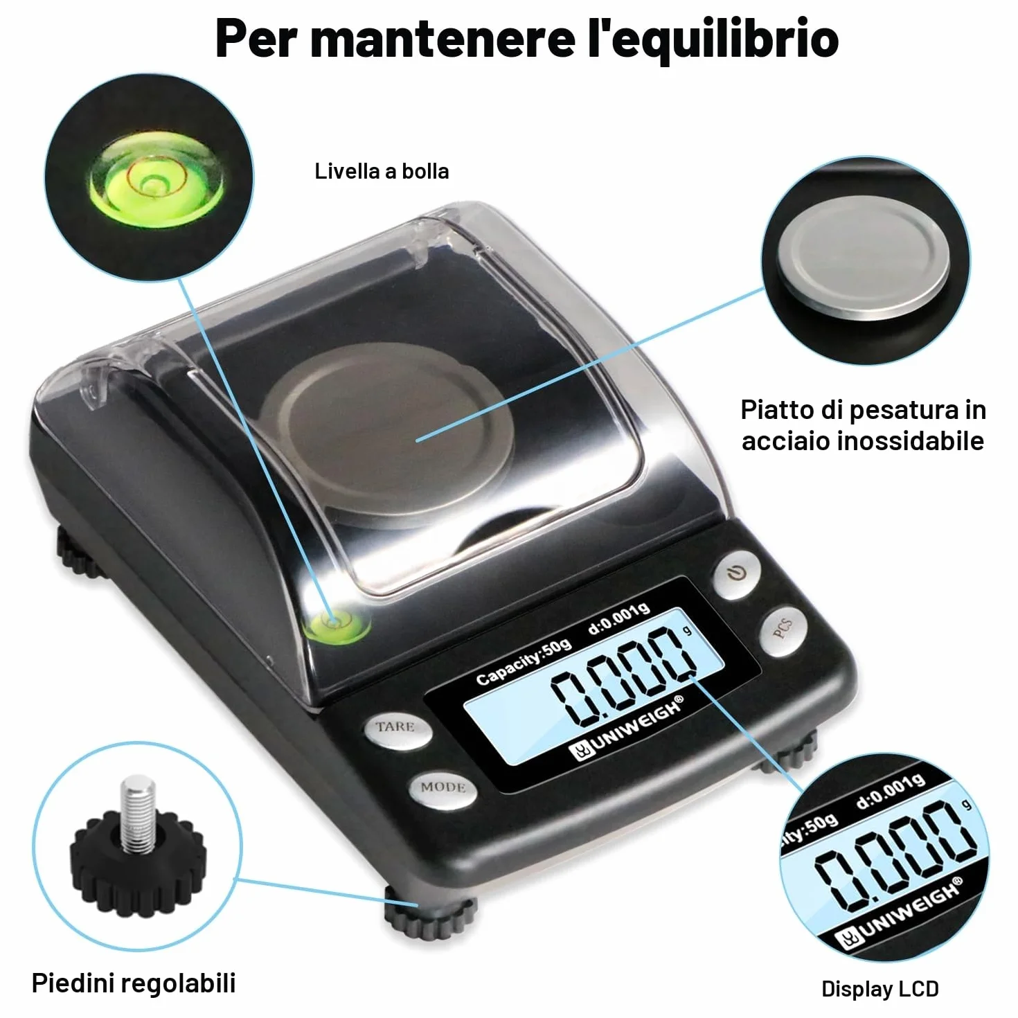 UNIWEIGH Bilancia digitale Milligrammi accurata 0.001g/50g, Bilancia mg di precisione per polvere/oro/gemma,Bilancia Micro Gram con 6 unità,tara,peso Cal,scala tascabile con USB & batteria alimentata