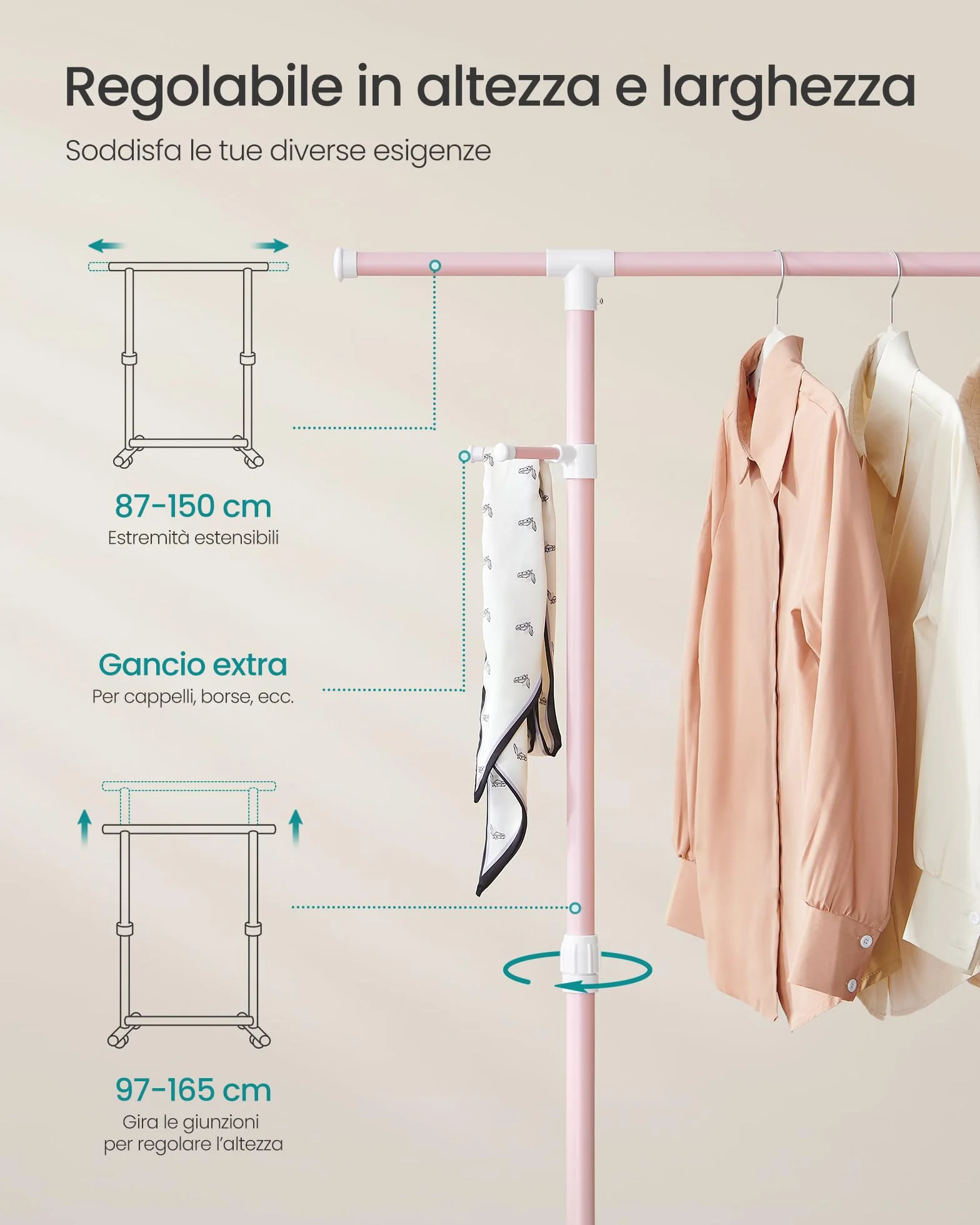 SONGMICS Stand Appendiabiti con Ruote, Attaccapanni Regolabile 97-165 cm, Rosa Pastello LLR001R02