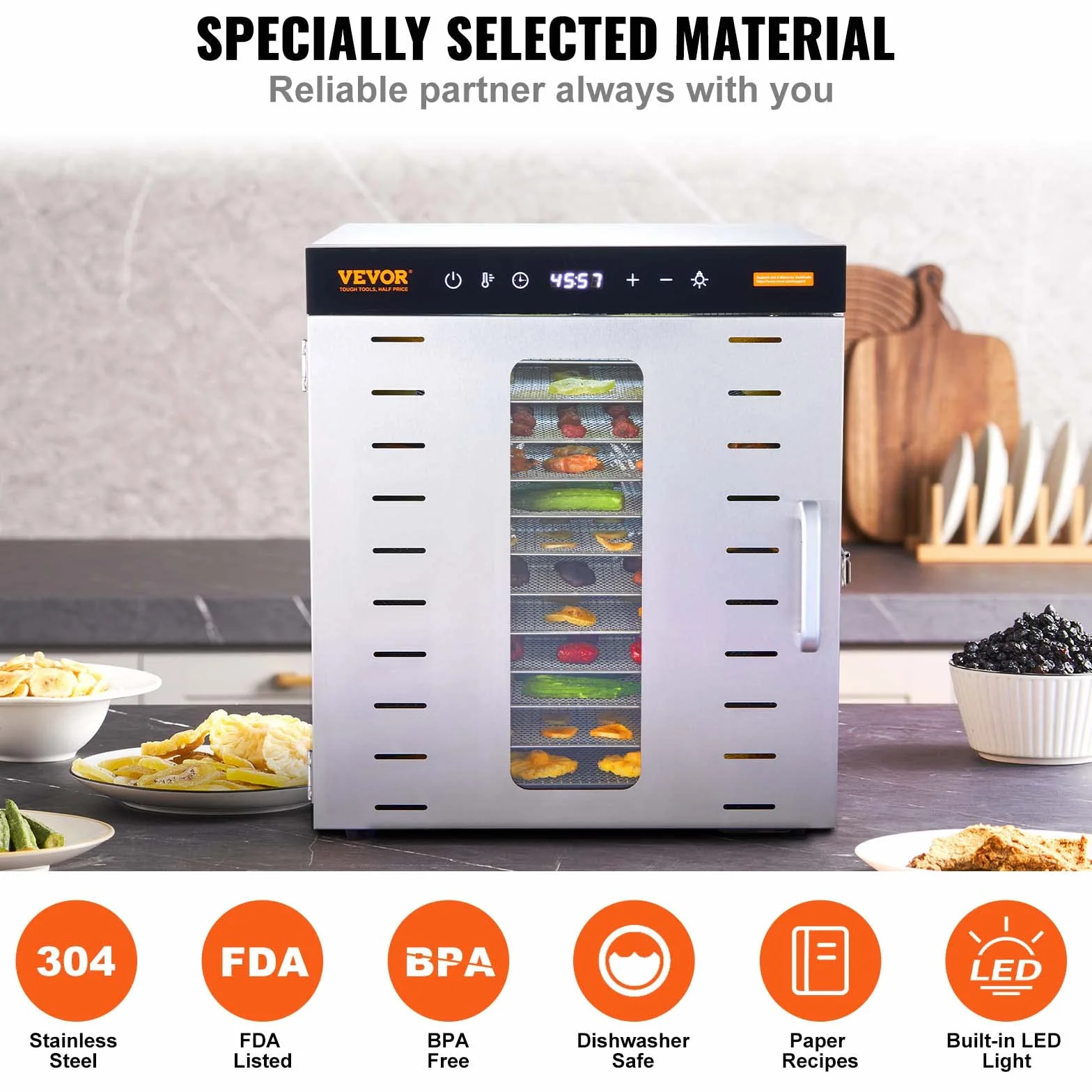 VEVOR Essiccatore Elettrico 1000W per Alimenti in Acciaio Inox 10 Vassoi Estraibili Tempo Temperatura Regolabile 30-90 ℃ Aria Circolata 360°, Macchina Essiccatrice Alimentare Domestica 46x42x46,5 cm