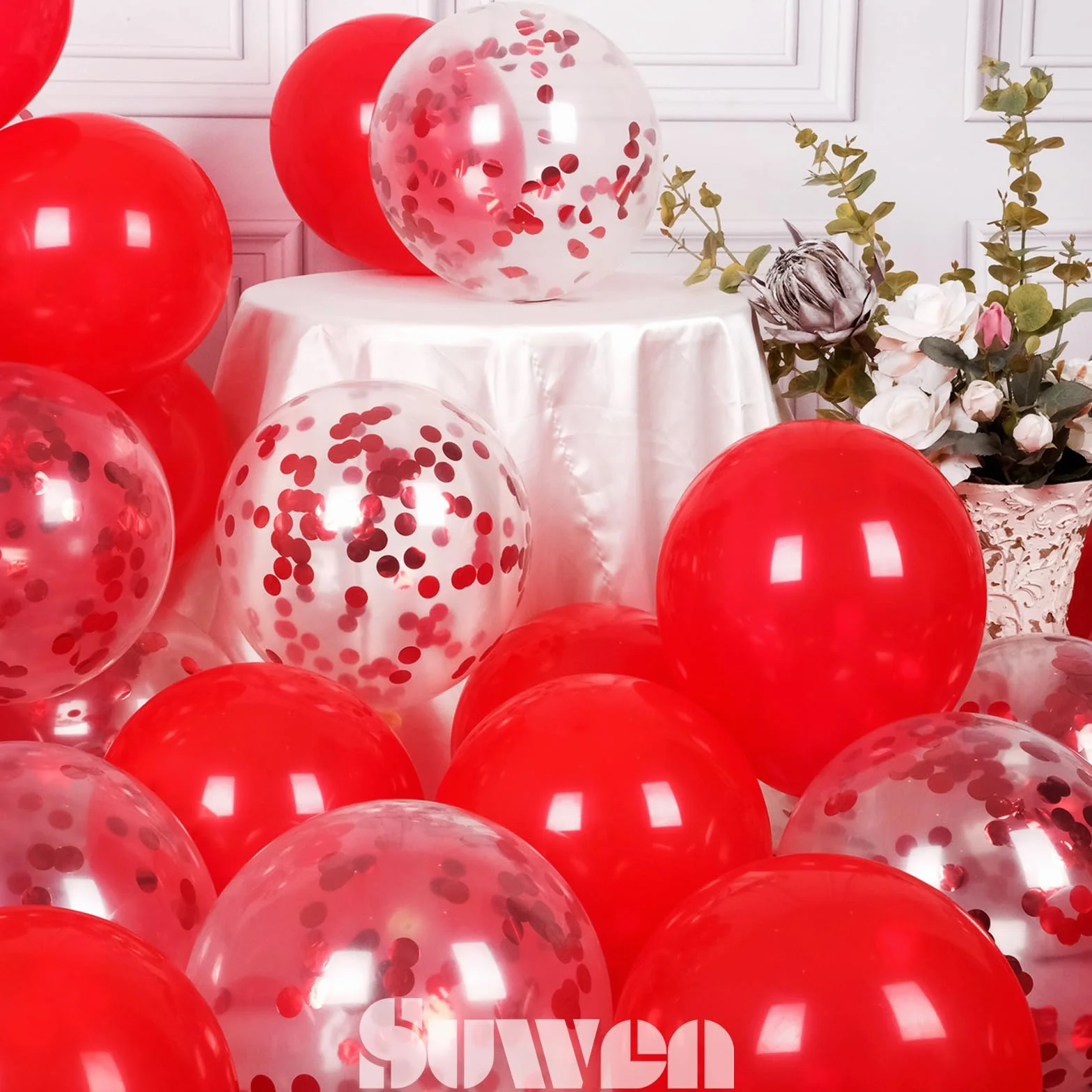 SUWEN Palloncini Rossi e Palloncini a Coriandoli Rossi 47 Pezzi 25cm 10 Pollici Adatti ad Elio per Feste Matrimoni Compleanni San Valentino Natale Cerimonie Anniversari