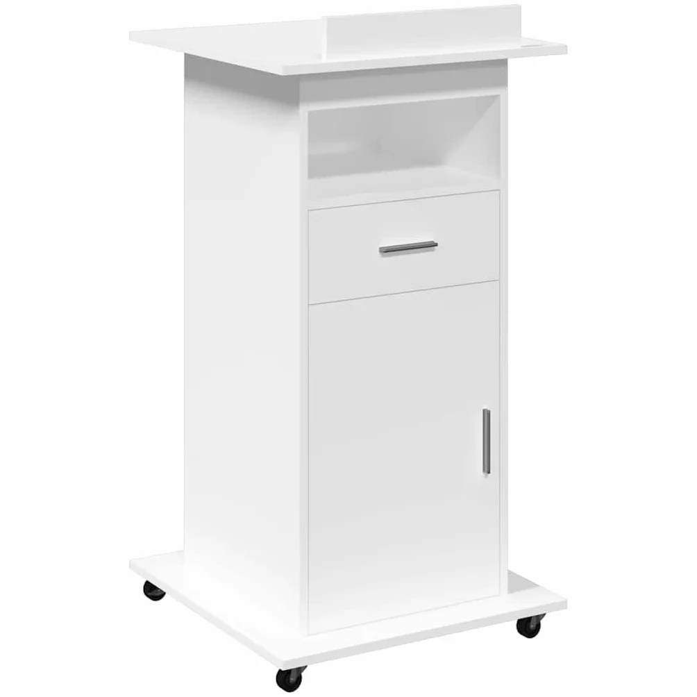 vidaXL Leggio con Ruote e Cassetto Bianco 55x55x107 cm in Multistrato, podio, postazione relatori, banco da pavimento, pedana, pulpito
