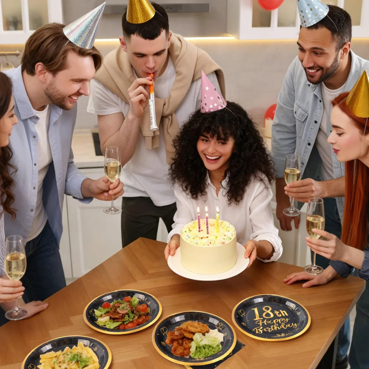 Set di 96 Piatti di Carta per Feste Compleanno - Nero e Oro - 18°