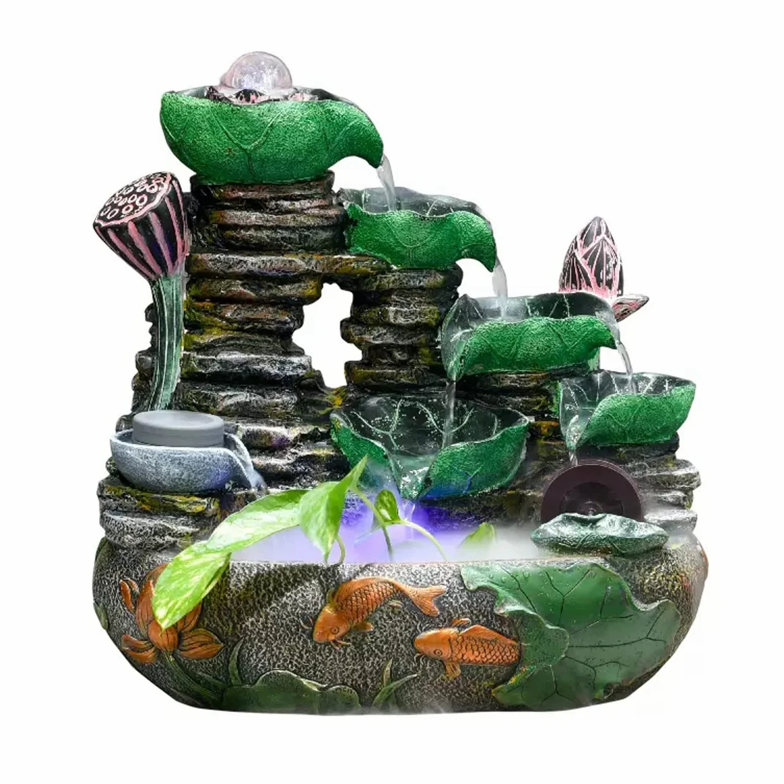 Fontana da Interno Feng Shui Fontana da tavolo con cascata di cascate di roccia a foglia di loto in resina, fontana da interno, con macchina for nebulizzazione d'acqua e pompa Fontana da interni(M)