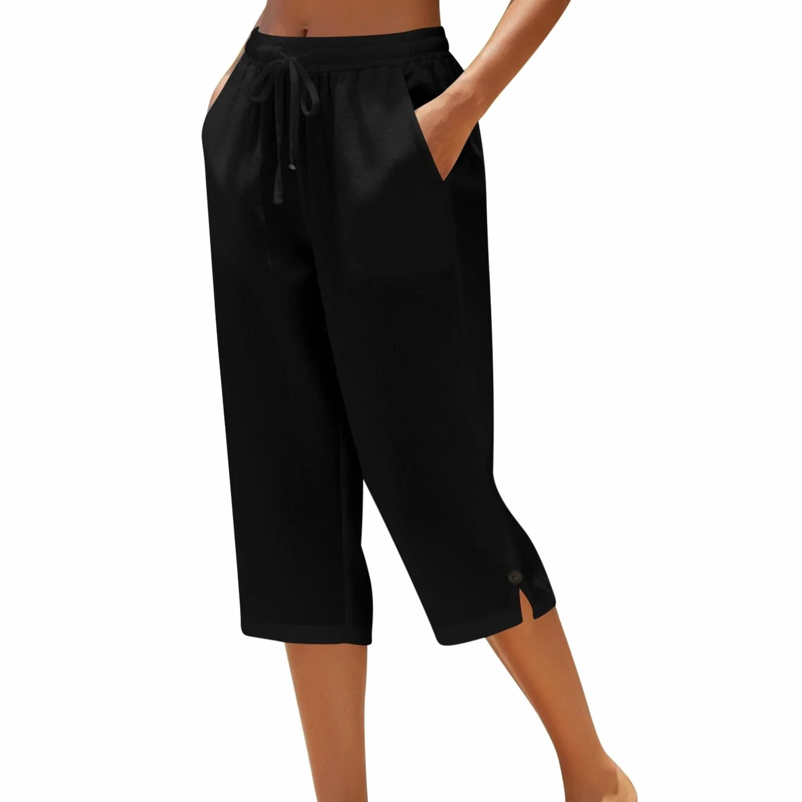 Generico Pantaloni Capri Donna Larghi Estivi Cotone e Lino Pantalone 3/4 Larghi Leggeri Comodi Pinocchietto Elegante Bermuda Donna Estivi Pinocchietti Spiaggia Pantaloncini con Coulisse