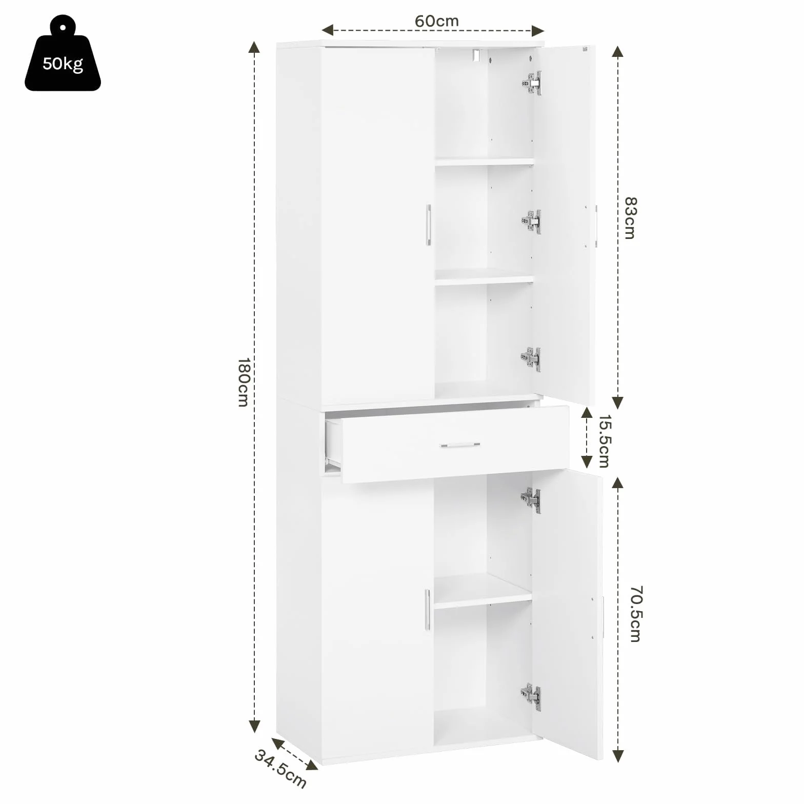 eSituro Armadio per Ufficio, Armadio per Archiviazione, 3 Ripiani Regolabili, 1 Cassetto, Legno Ingegnerizzato, 60x34x180 cm, Bianco