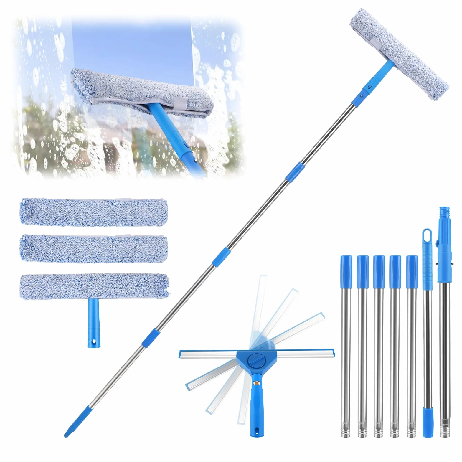 Lavavetri con Manico Telescopico, Tergicristallo 2 in 1 con Manico Lungo 300 cm, Kit per la Pulizia Delle Finestre con Testa Rotante e Panni Microfibra di Ricambio per Pareti di Vetro Bagno Auto