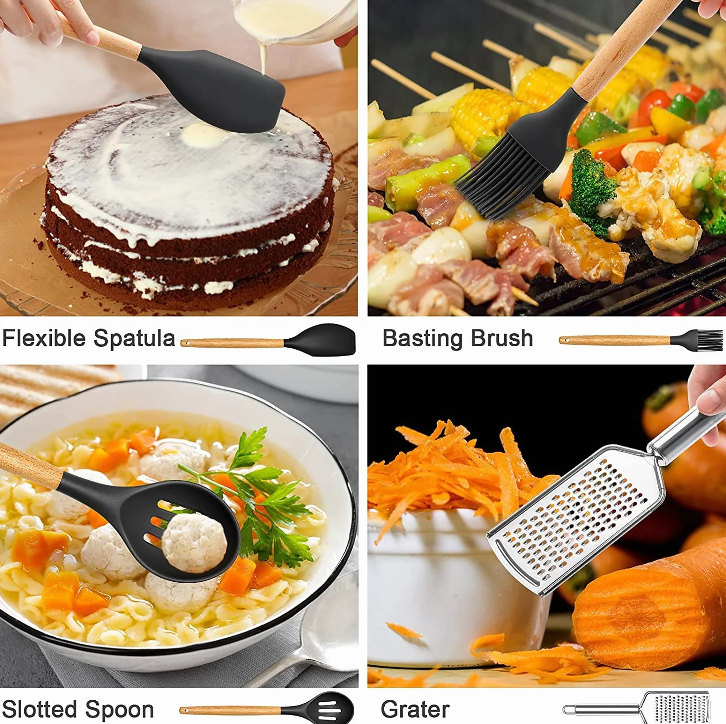 Set di 34 utensili da cucina in silicone, resistenti al calore, con manici in acciaio inossidabile di alta qualità, per cucinare e cuocere, spatole antiaderenti, utensili da cucina (nero)