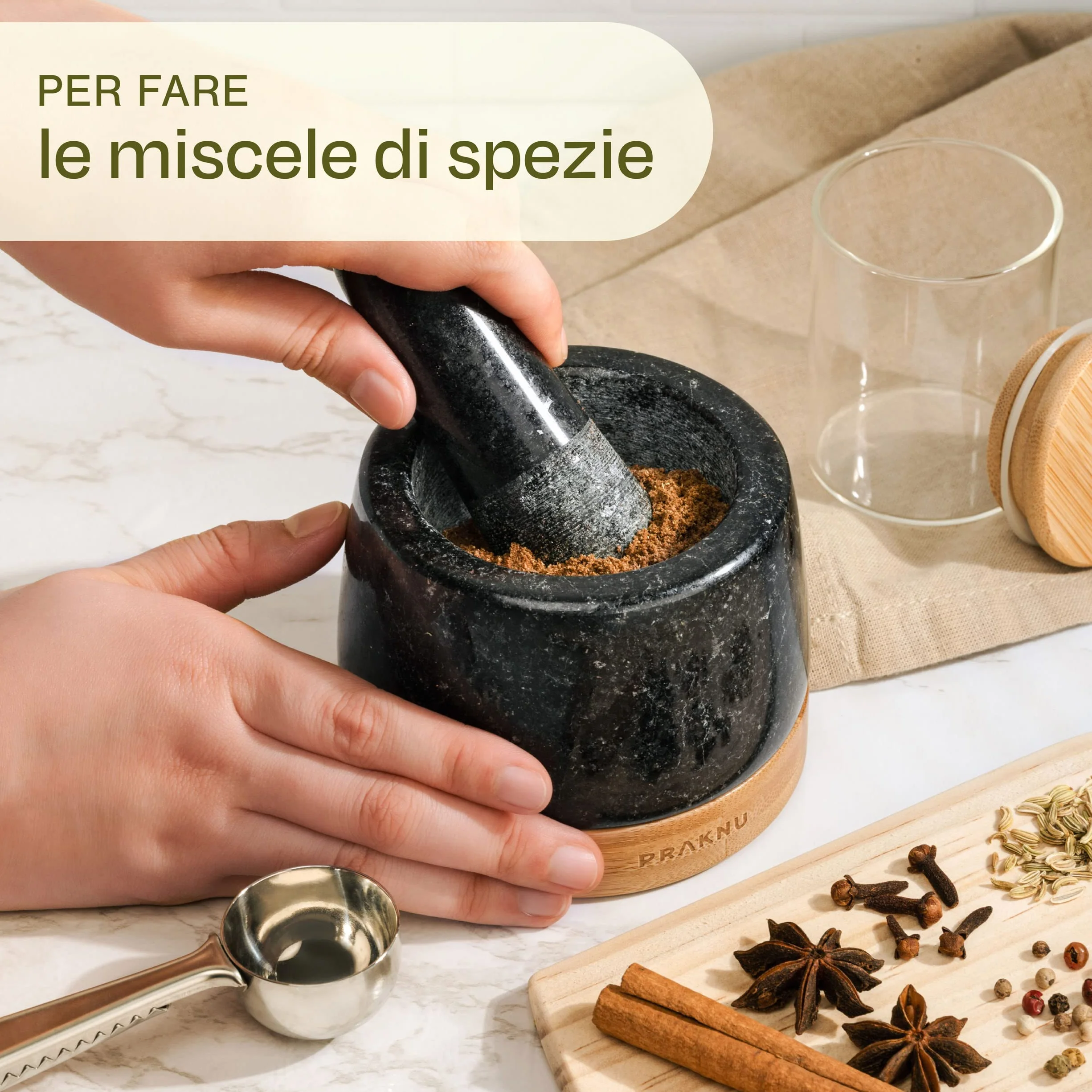 Mortaio con Pestello di Granito 120ml con Protezione per Superficie in Legno FSC®