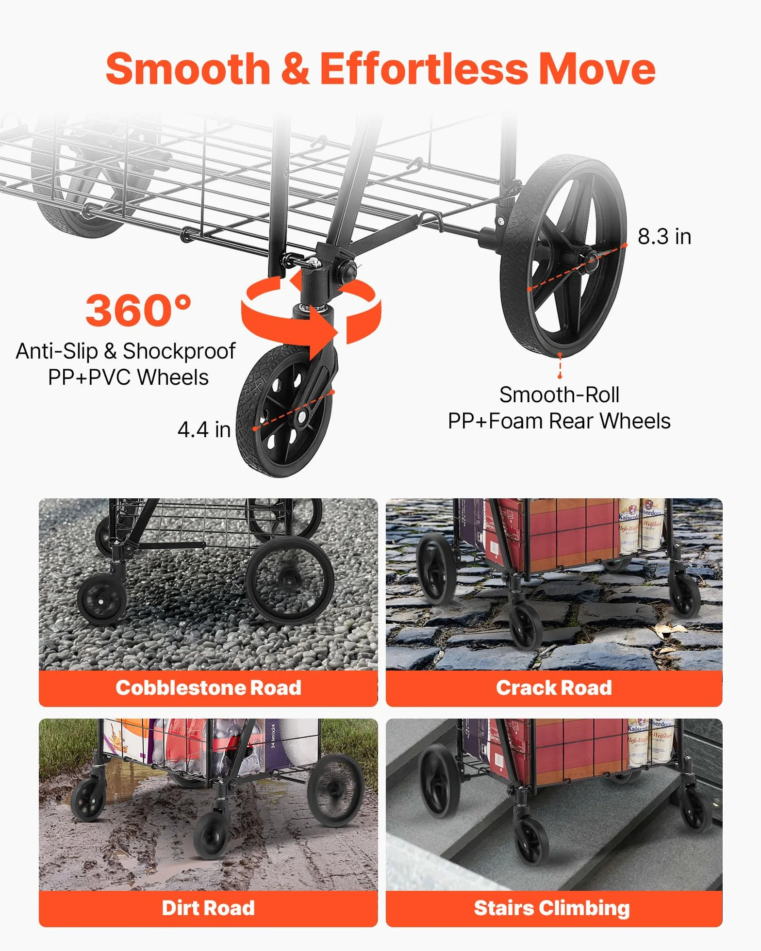 VEVOR Carrello Portabiancheria con 4 Ruote Portabiancherio di Lavanderia, Cesto Posteriore, Carico Max. 50kg, Carrello 6,21kg