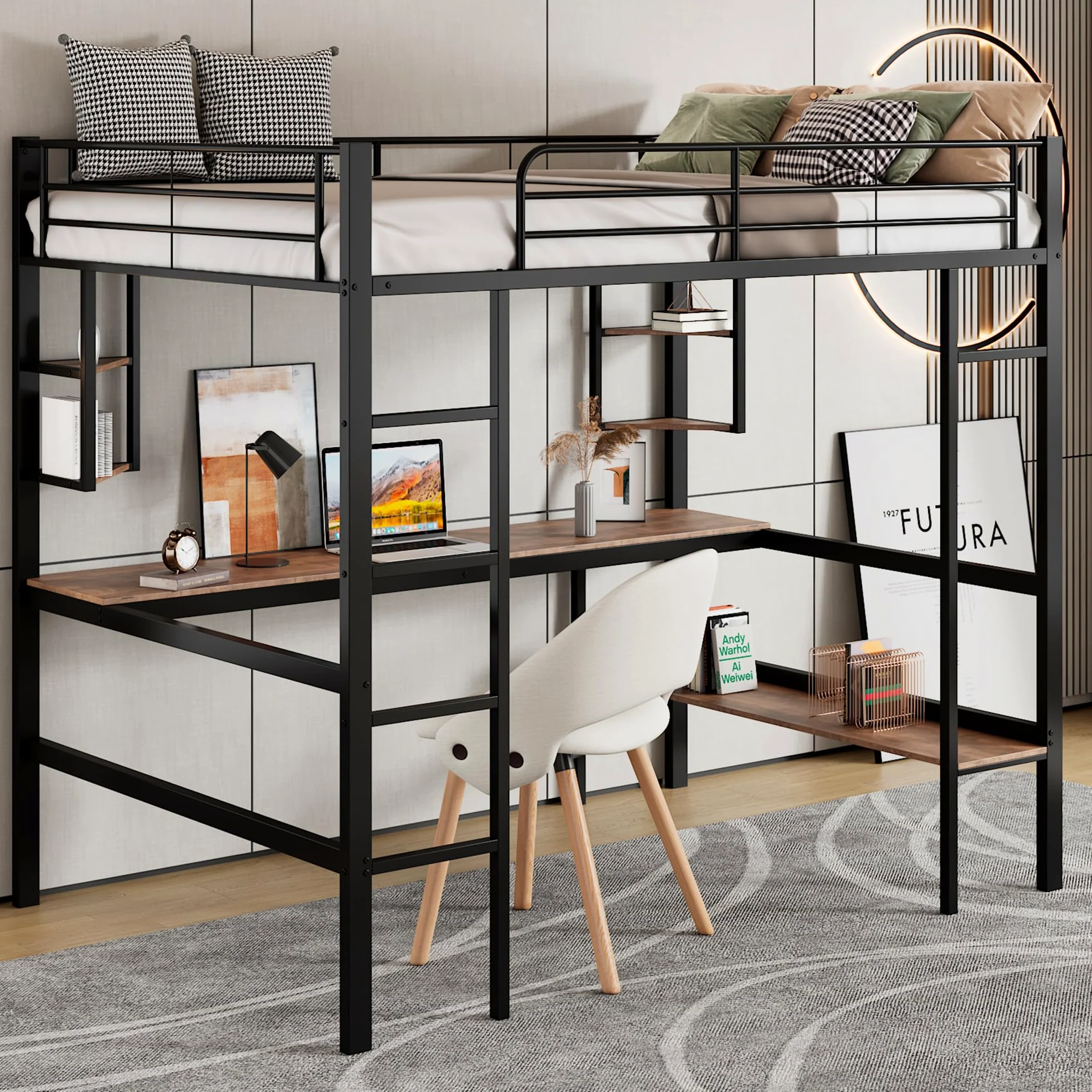 Azkoeesy Letto a soppalco in metallo, 90 x 200 cm, letto alto con scrivania 200 cm, scaffale per libri, per adolescenti e adulti, colore nero (90 x 200 cm)