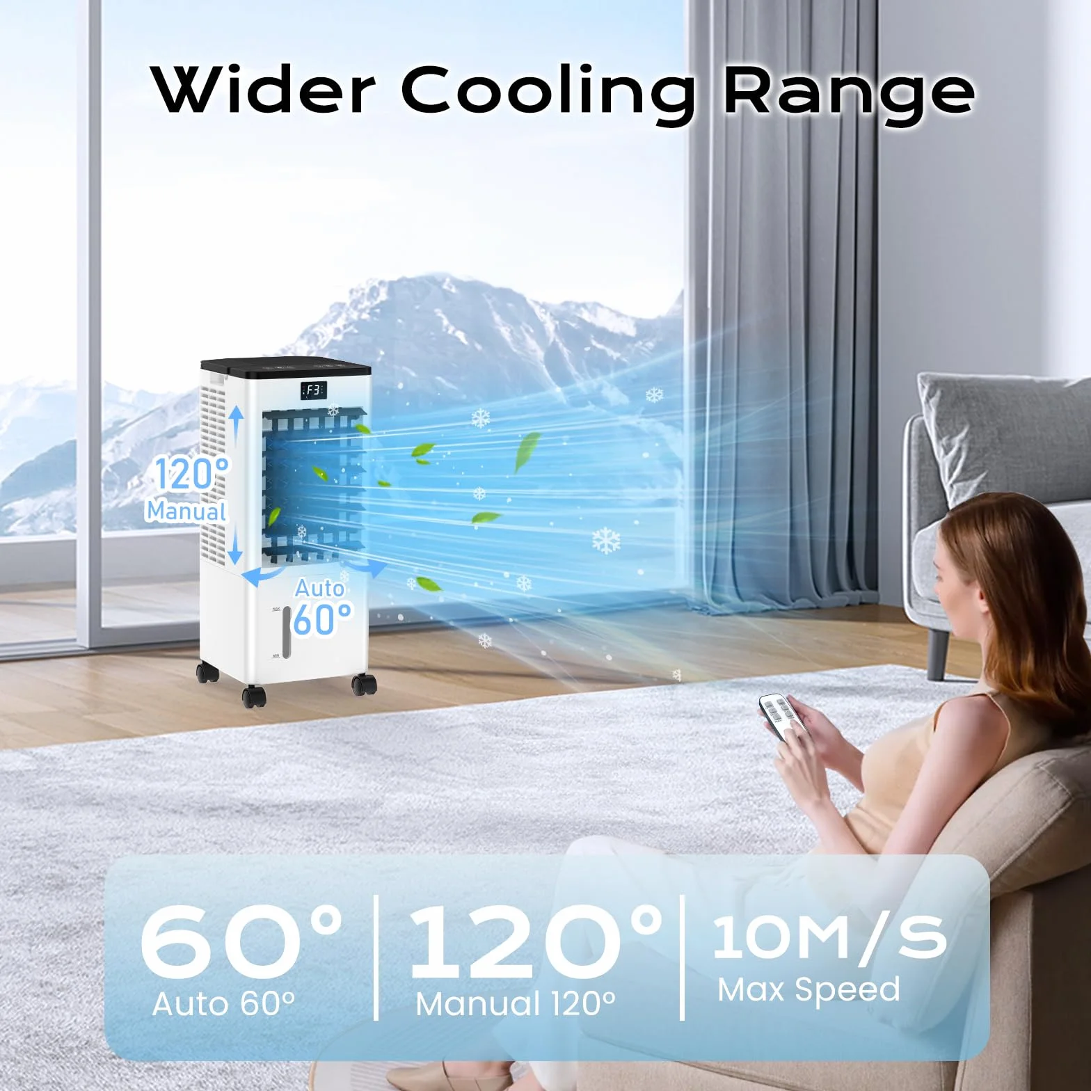 Condizionatore Portatile Senza Tubo Silenzioso, 60W Raffreddatore d'Aria 4 in 1, 4 Modalità 3 Velocità, Oscillazione 60°&120° Timer 1-12 H, con Telecomando, 4 Bottiglie di Ghiaccio per Casa e Ufficio