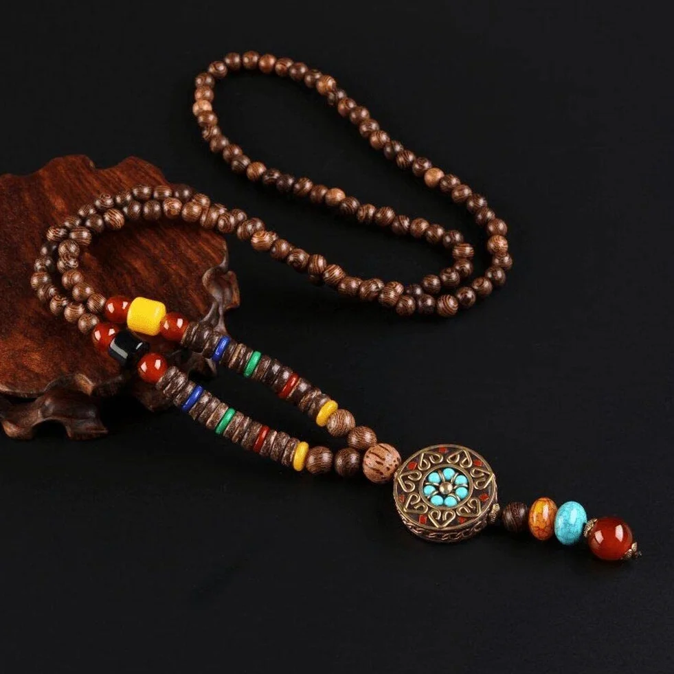 Collane di Perline in Legno Collana Vintage Etnica Fatta a Mano Nepal Meditazione Preghiera Maglione con Collana Lunga con Ciondolo