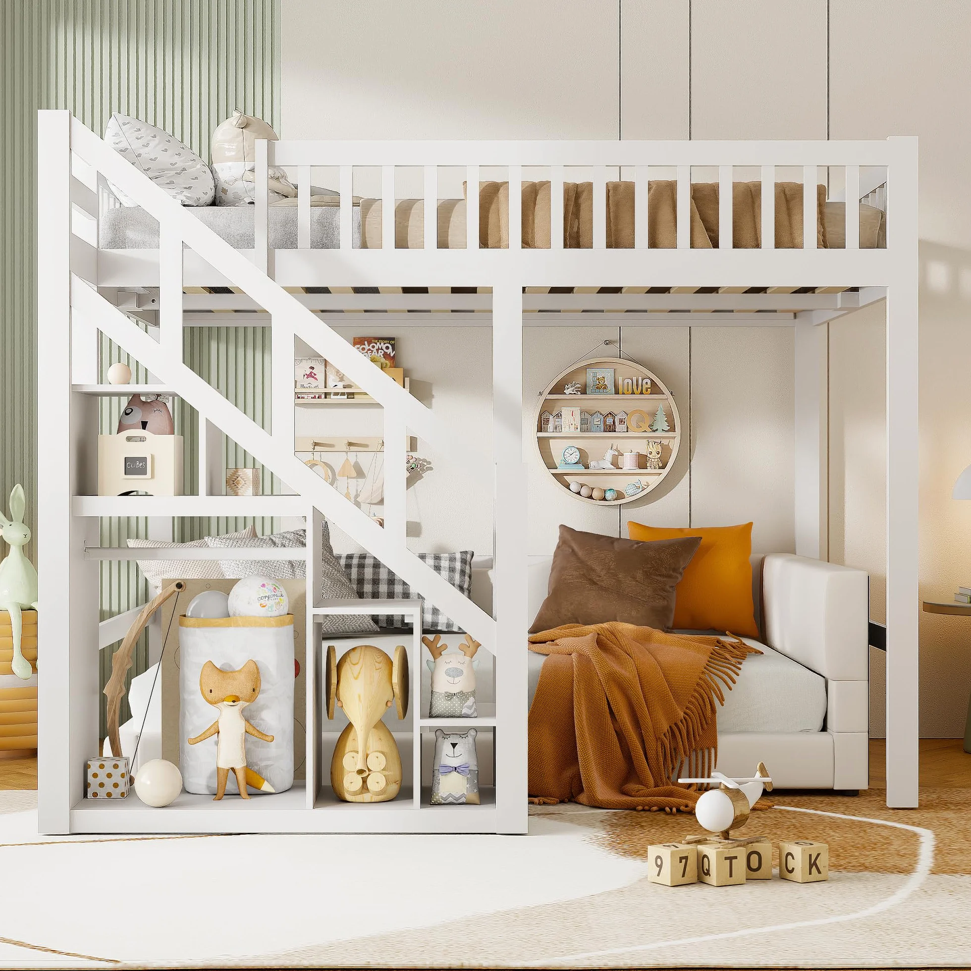 Letto a Soppalco 140x200cm con Recinzione Sicura e Scala di Stoccaggio, Letto a Castello Bianco per Bambini e Ragazzi - Struttura Legno Stile Montessori