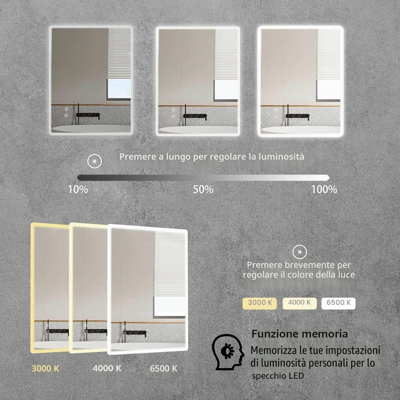 SaniteModar Specchio Bagno LED 70x90 cm | Luminosità regolabile, luce tre colori, antiappannamento, IP44, installazione verticale/orizzontale.