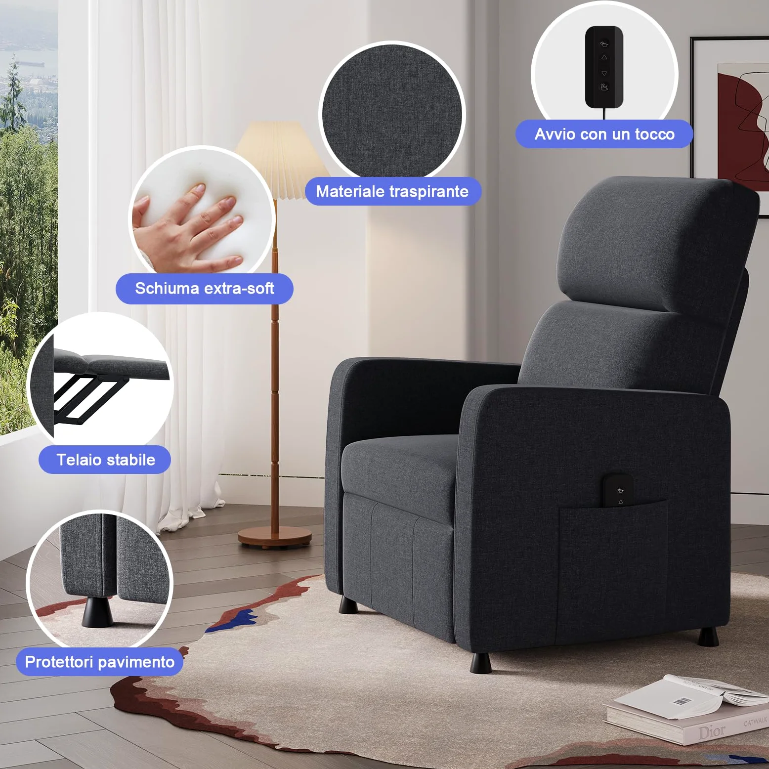 JUMMICO Poltrona di Relax Elettrica Reclinabile con Schienale Regolabile, Poltrona TV, per Camera, Soggiorno e Home Cinema, in materiale lino