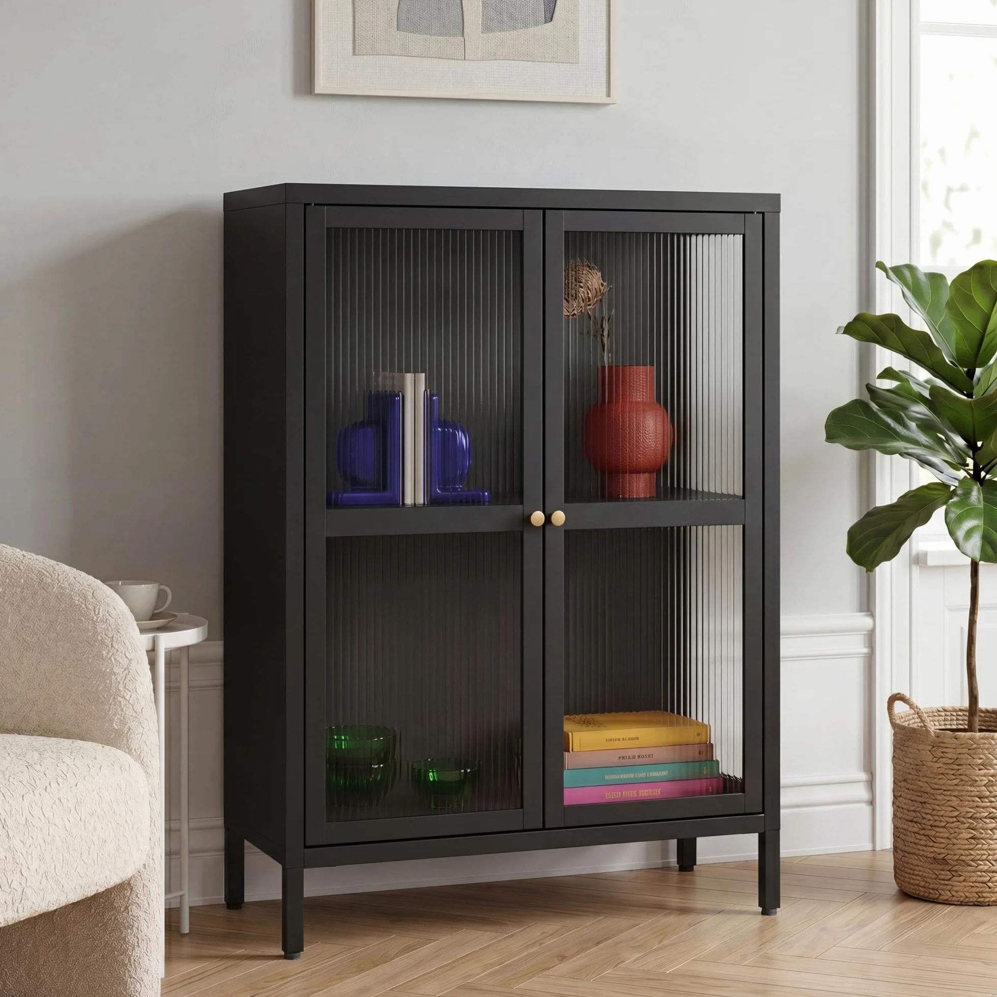 [en.casa] Comò con Ante in Vetro Scanalato Credenza in Acciaio per Soggiorno Mobile Vetrinetta con Scomparto Diviso 84x64x35 cm Nero