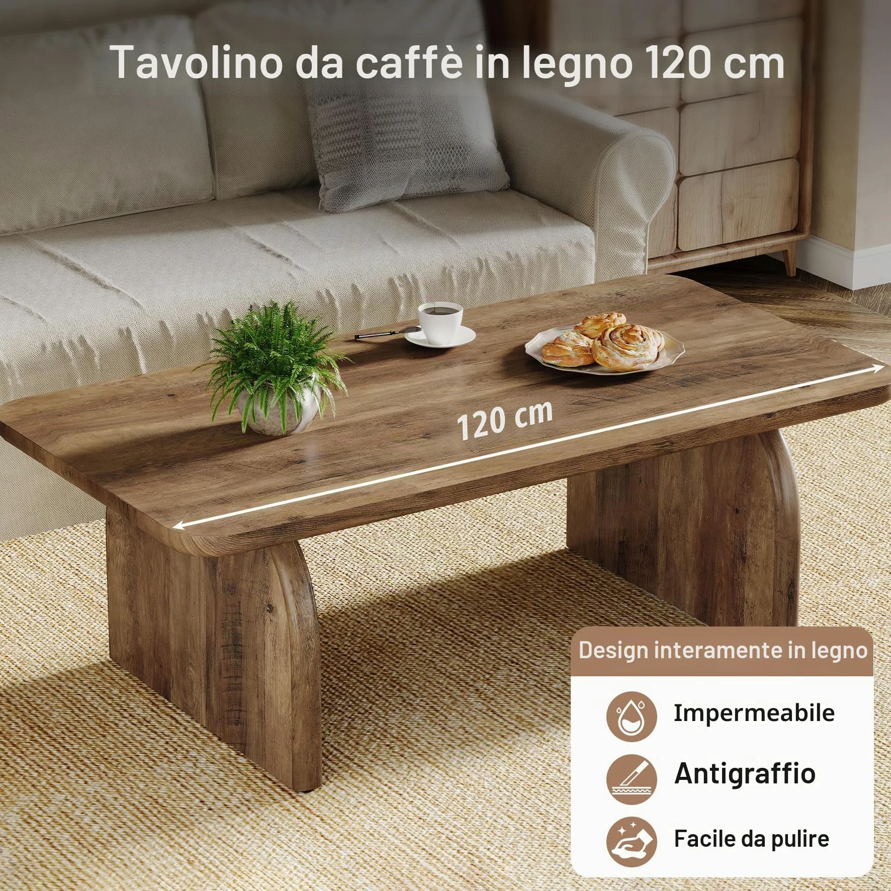 Tribesigns Tavolino da caffè rettangolare, in legno, da 119 cm, tavolo da salotto, tavolino basso da cocktail con base robusta e angoli arrotondati, facile da montare, marrone rustico