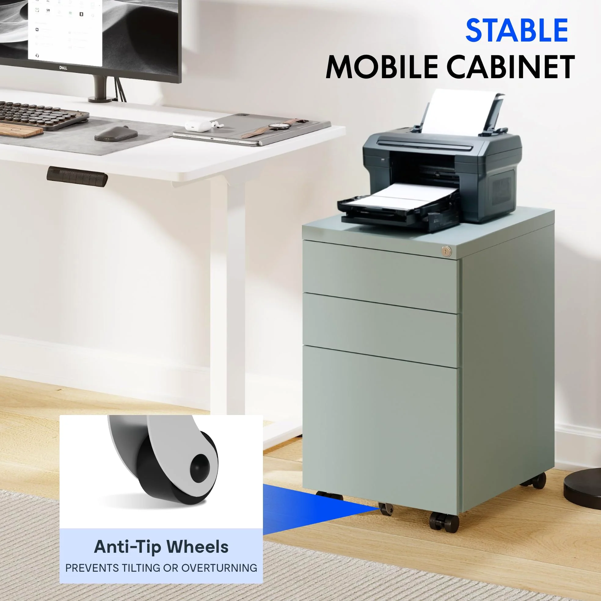 FLEXISPOT schedario con 3 cassetti, cassettiera da ufficio con ruote, armadietto con serratura e sistema anti-ribaltamento, mobiletto porta documenti per casa e ufficio, grigio blu