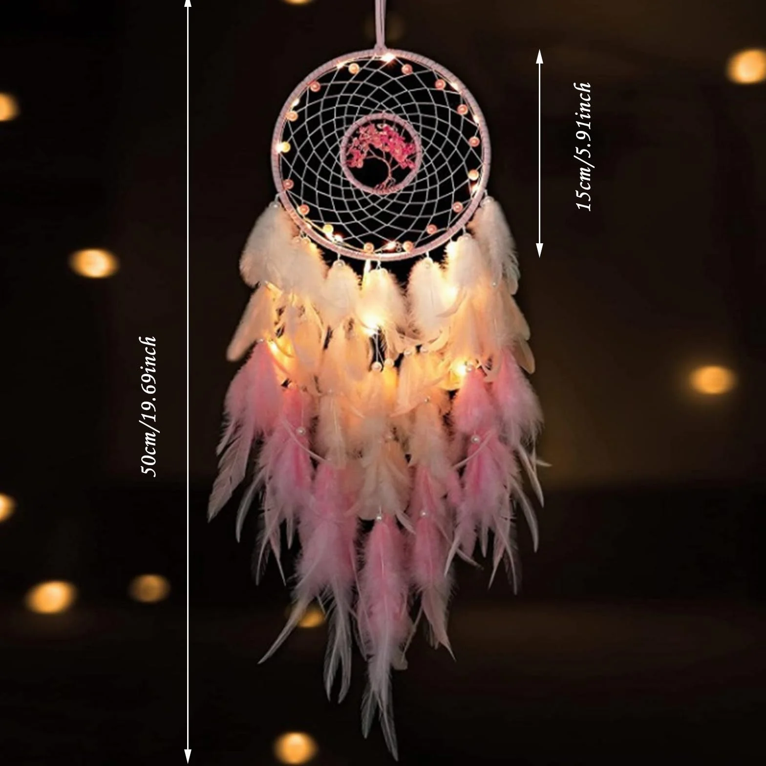 Acchiappasogni Piume Led Indiano Dream Catcher Wall Decorazione Fatto a Mano Regalo di Natale Rosa