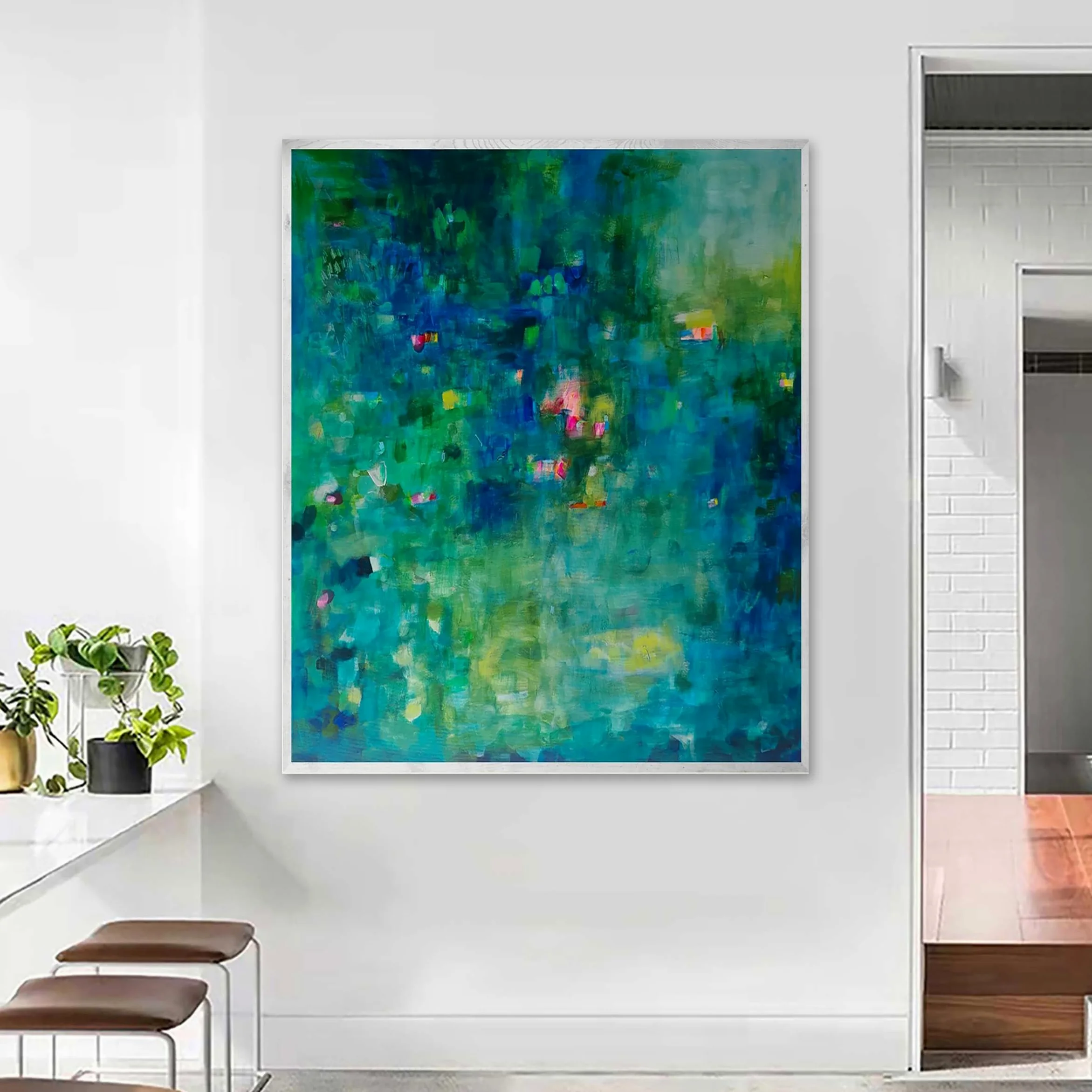 Toperfect 37 dipinti moderni di ninfee originali su tela, pittura acrilica astratta con laghetto di loto, decorazione astratta verde, opere d'arte da giardino contemporanee fatte a mano da insegnanti