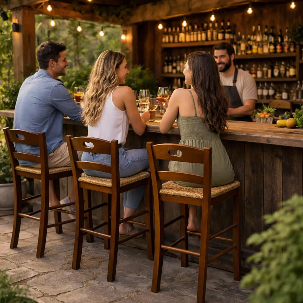 Set Sgabelli in Legno con Seduta Compatta - con Poggiapiedi, Schienale, Struttura Robusta, da Bar, Cucina, Ristorante, Soggiorno, Stile Classico, Rustico - 39X38X90CM (4PZ, Noce)