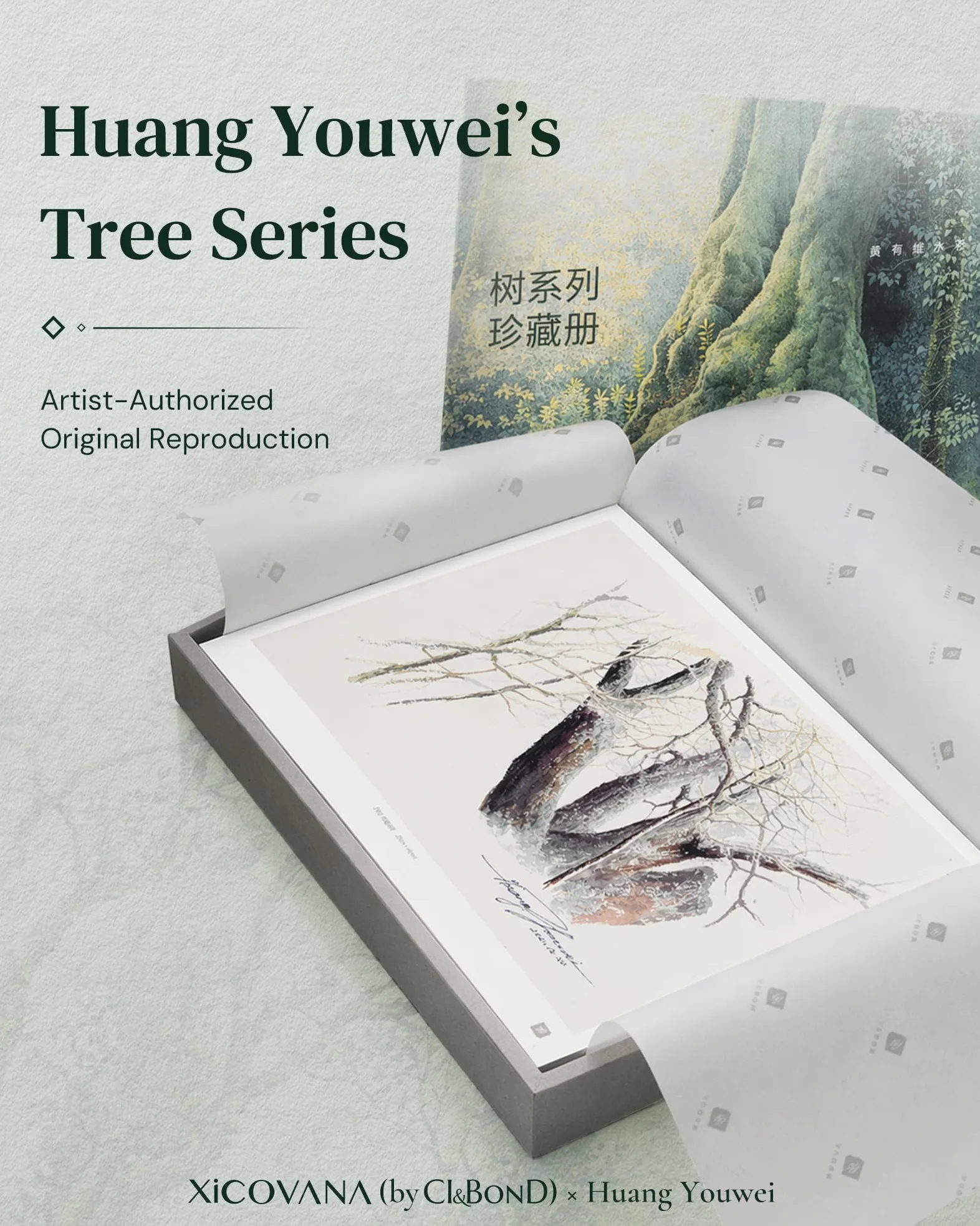 XiCOVANA Huang Youwei Tree Series - Set di fotocopie ad acquerello, riproduzione autorizzata dall'artista, 20 fogli di carta artistica di alta qualità, confezione regalo in velluto per tracciare