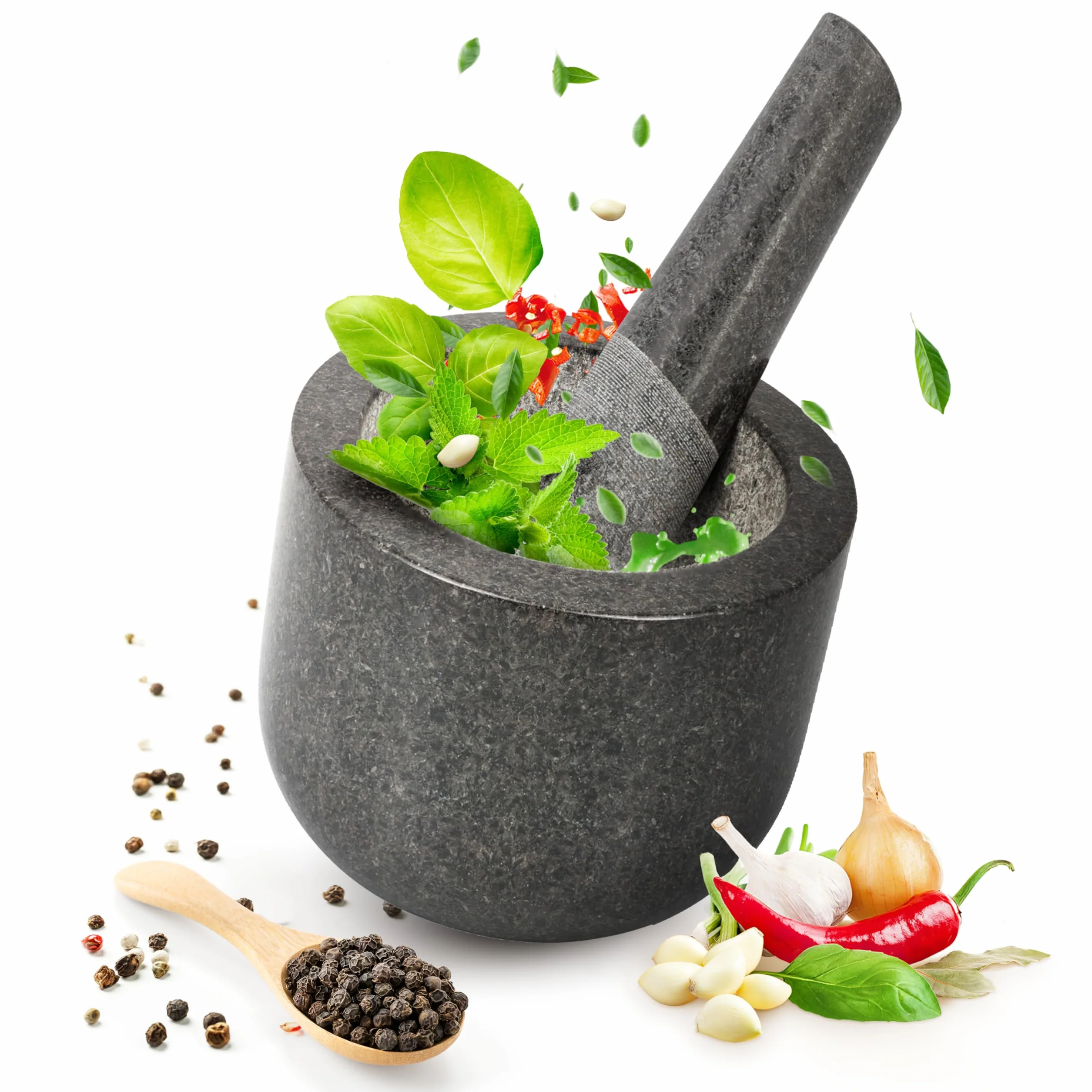 Smart-Planet Mortaio di alta qualità con pestello in granito – Pratico mortaio di pietra massiccio Ø 8,5 cm per spezie pesto erbe – lucido e facile da pulire