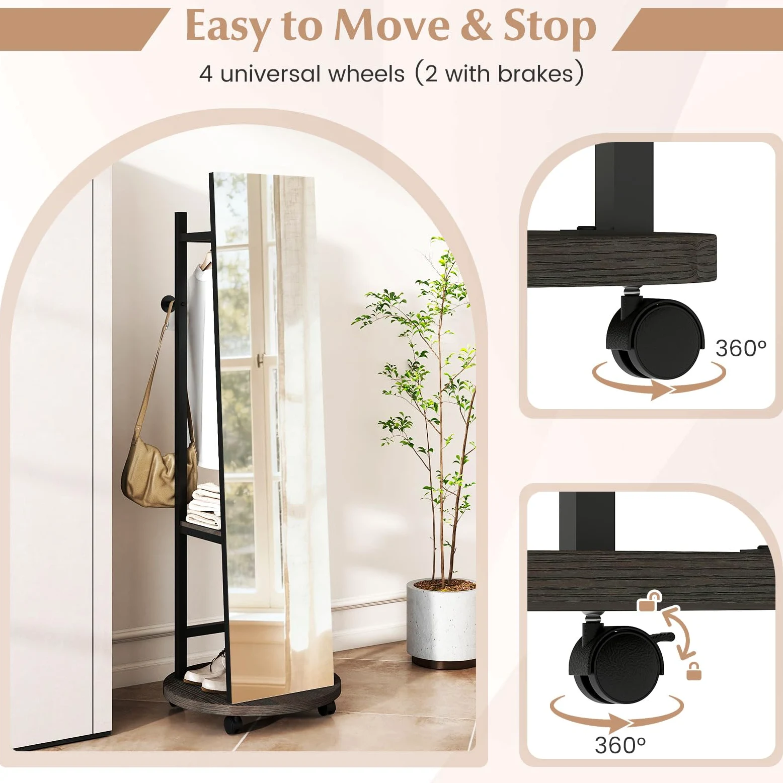 GIANTEX Specchio a figura intera, specchio da terra con appendiabiti, 45 x 135 cm, grande specchio con vetro infrangibile, ganci, ripiani, ruote, per ingresso, soggiorno, camera da letto (nero+noce)