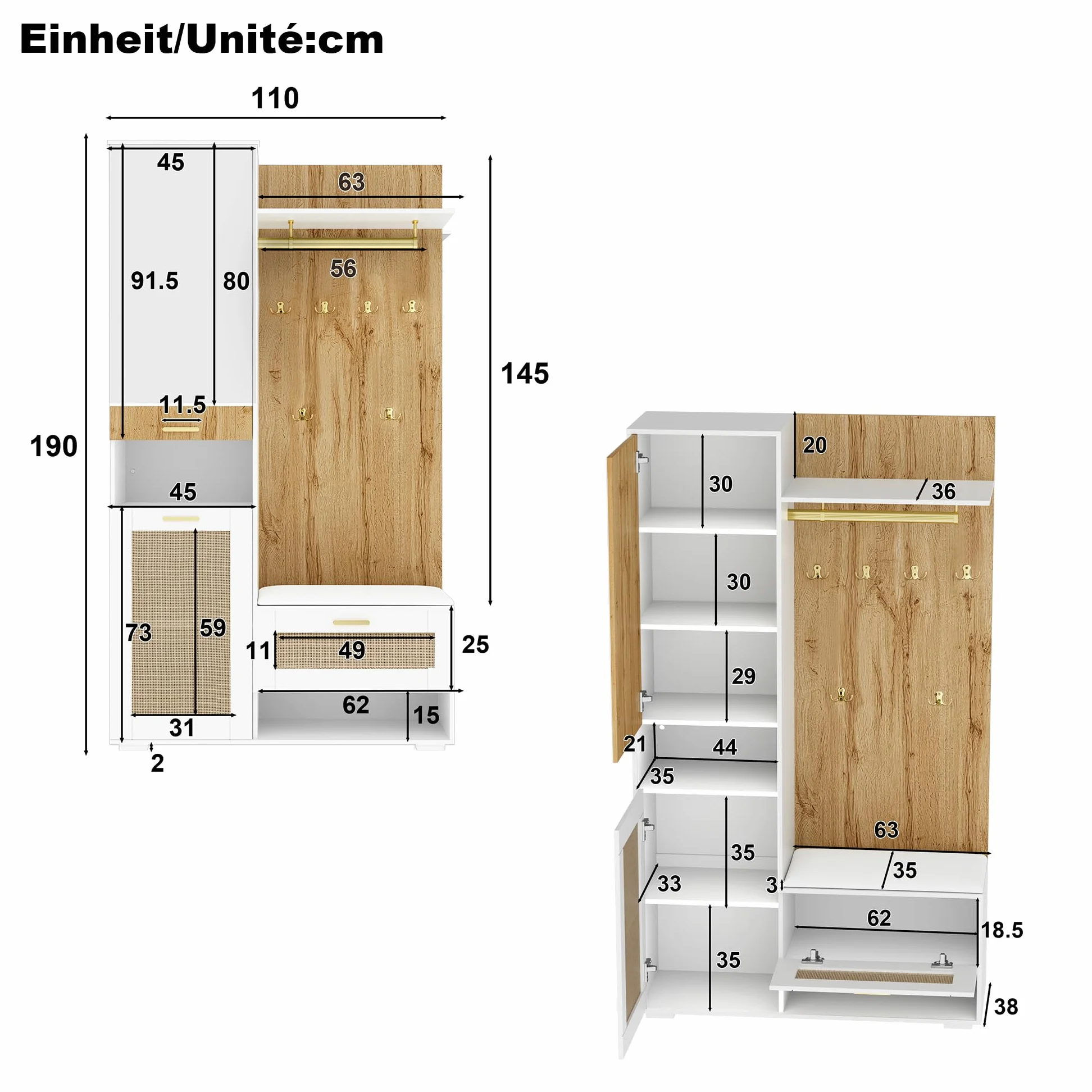 Moimhear Set appendiabiti, 110 x 38 x 190 cm, armadio con specchio, 5 ganci dorati, scarpiera, appendiabiti da parete, banco e illuminazione LED a 16 colori