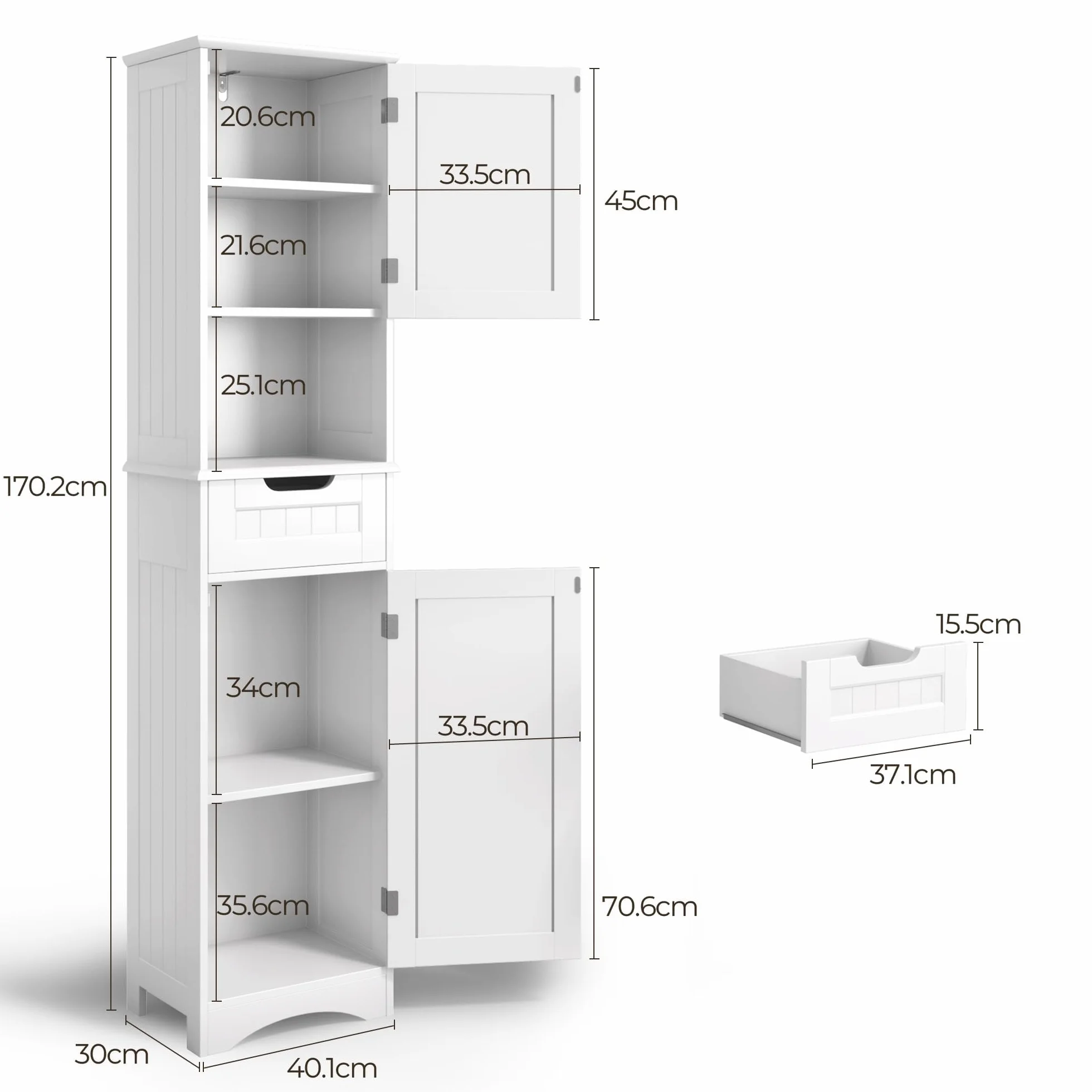 Mobiletto da Bagno Alto con Ripiani Regolabili, Cassetto, Scomparto Aperto, Porte Magnetiche e Protezione Antiribaltamento – 170 x 40 x 30 cm (Bianco)