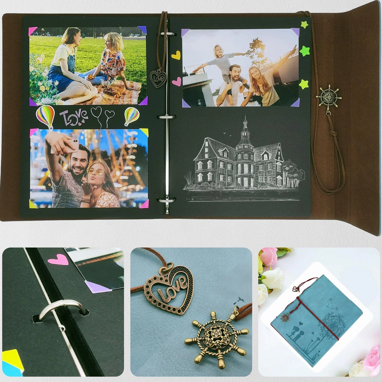 ZEEYUAN Album Fotografico Fai da Te in Pelle Dente di Leone Scrapbooking Album Foto Pagine Nere Regalo per Lui Lei