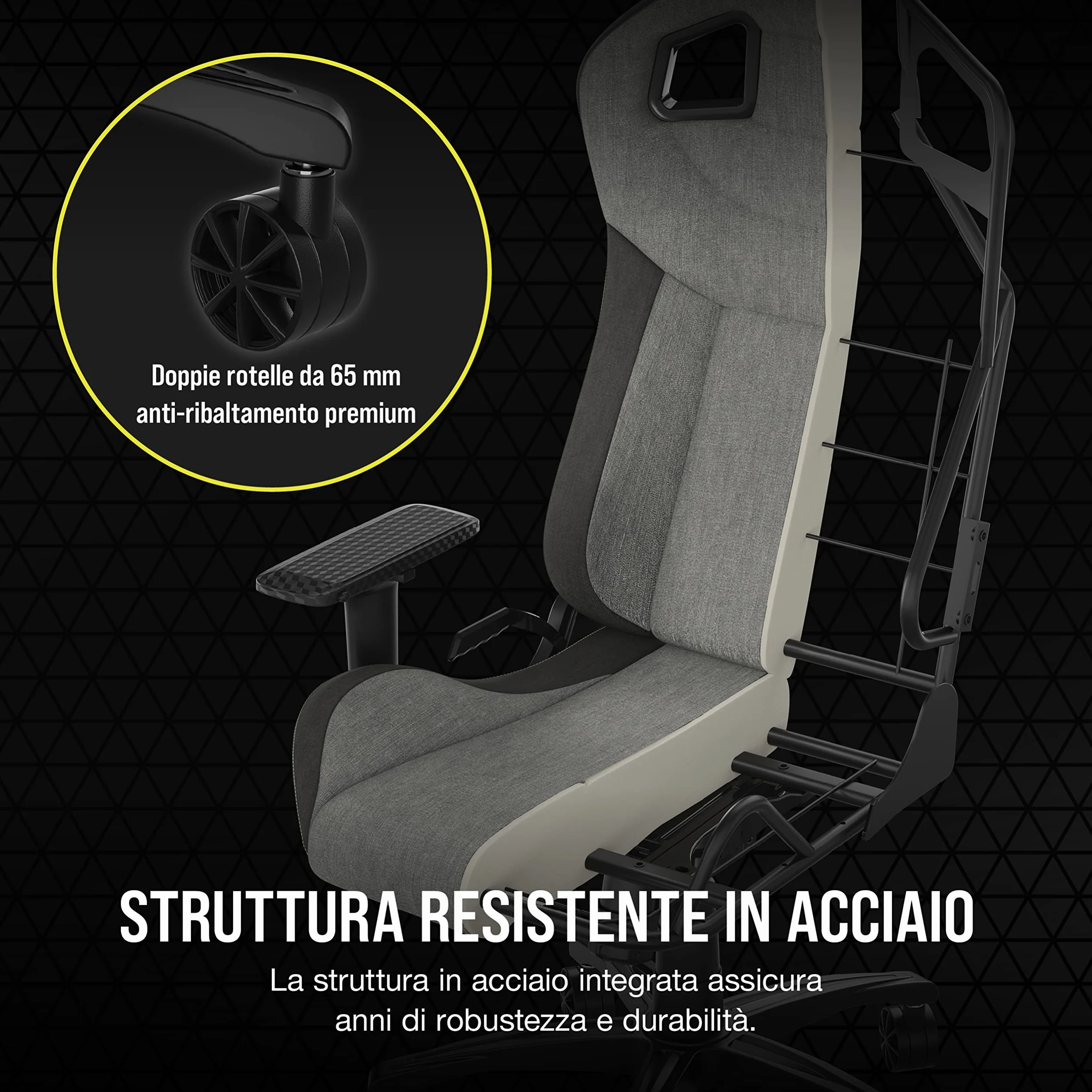 Corsair T3 RUSH Fabric Sedia da Gioco, Tessuto Morbido Traspirante, Cuscino Cervicale Regolabile, Supporto Lombare Memory Foam, Grigio Carbone