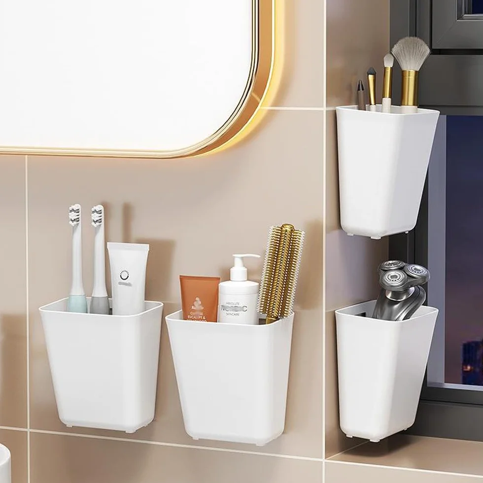 Scatola di Archiviazione Porta Cucina 4 Pezzi, Scatola di Stoccaggio Adesiva a Parete, Organizzatore per Armadio/Bagno/Frigorifero