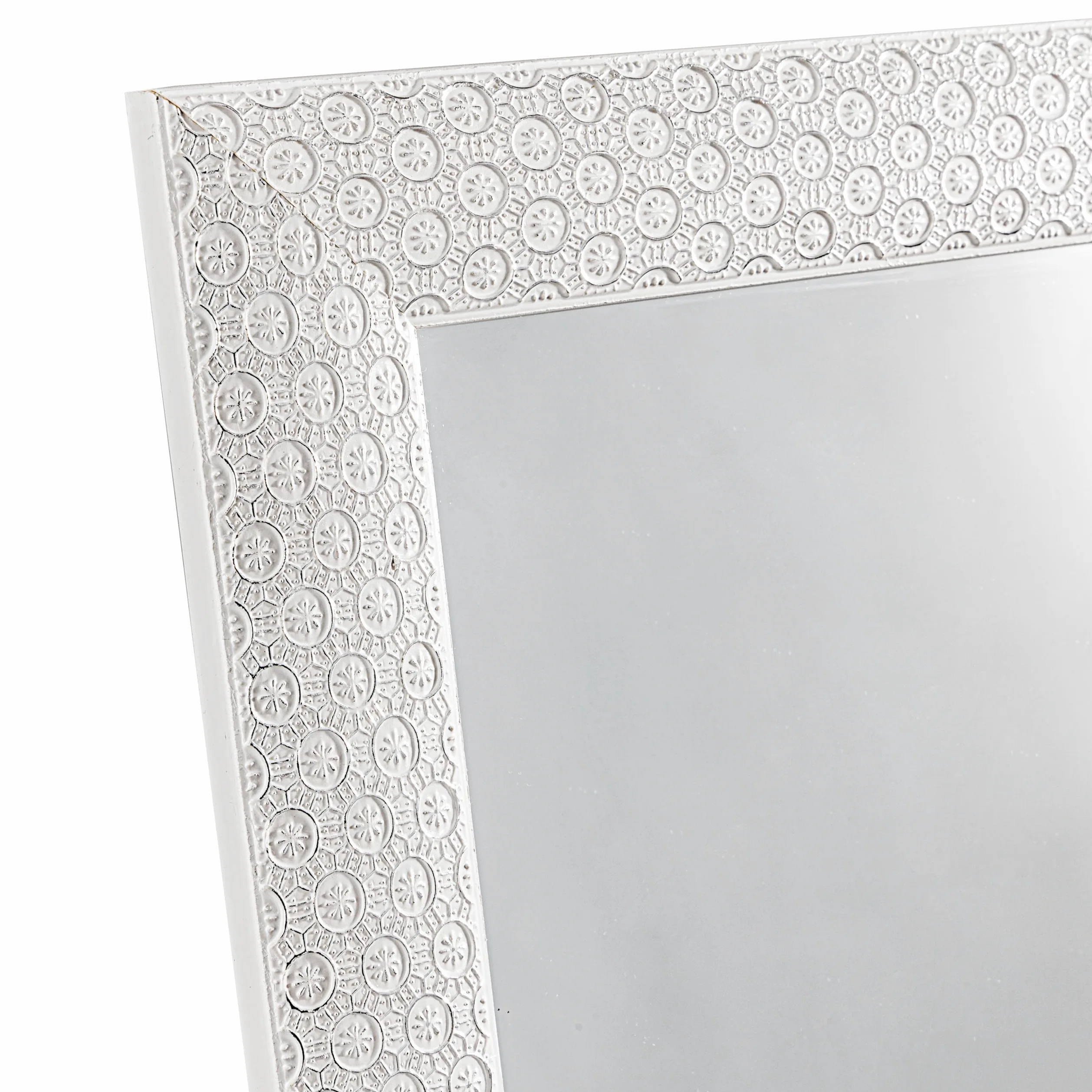 Baroni Home Specchio da Terra con Struttura in Acciaio, Specchio a Figura Intera con Supporto Pieghevole con Cornice Decorata in Legno, Geometrico Bianco, 40x150 cm