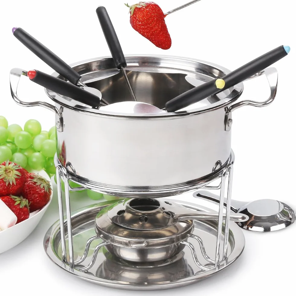 Set Fonduta Formaggio Acciaio Inox 6 Persone Fondue Bourguignonne con Forchette Bruciatori Argento