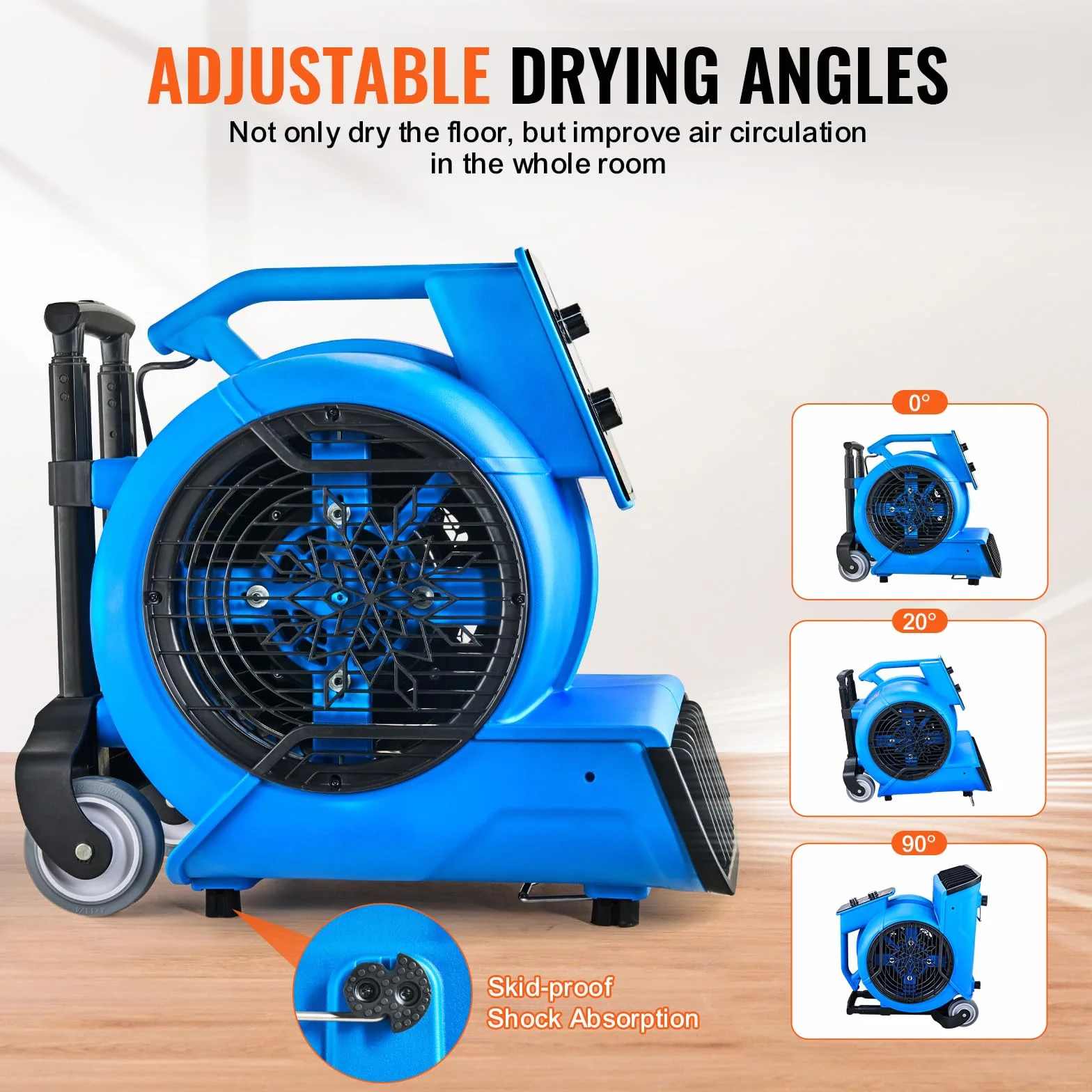 VEVOR Soffiatore da Pavimento 1400 Giri/min Ventilatore per Asciugatura Tappeti Portatile 113,26 m³/min con 3 Angoli di Soffio Temporizzatore 3 Impostazioni di Velocità per Domestico e Commerciale