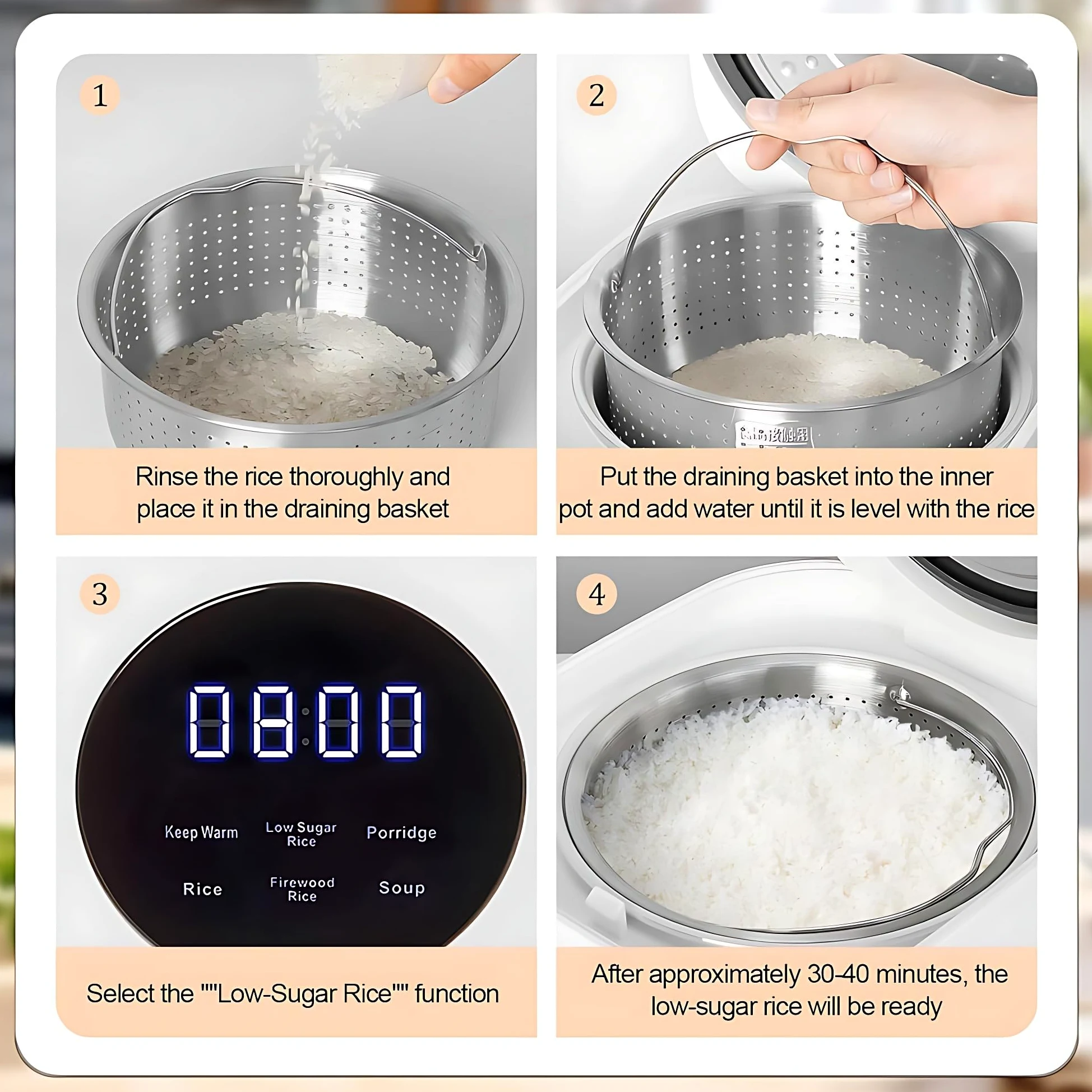 Cuociriso a Basso Contenuto di zuccheri, cuociriso Portatile da 3 Litri, 5 modalità di Cottura, appuntamento Intelligente per 24 Ore, conservazione del Calore per 8 Ore, Interno in Ceramica